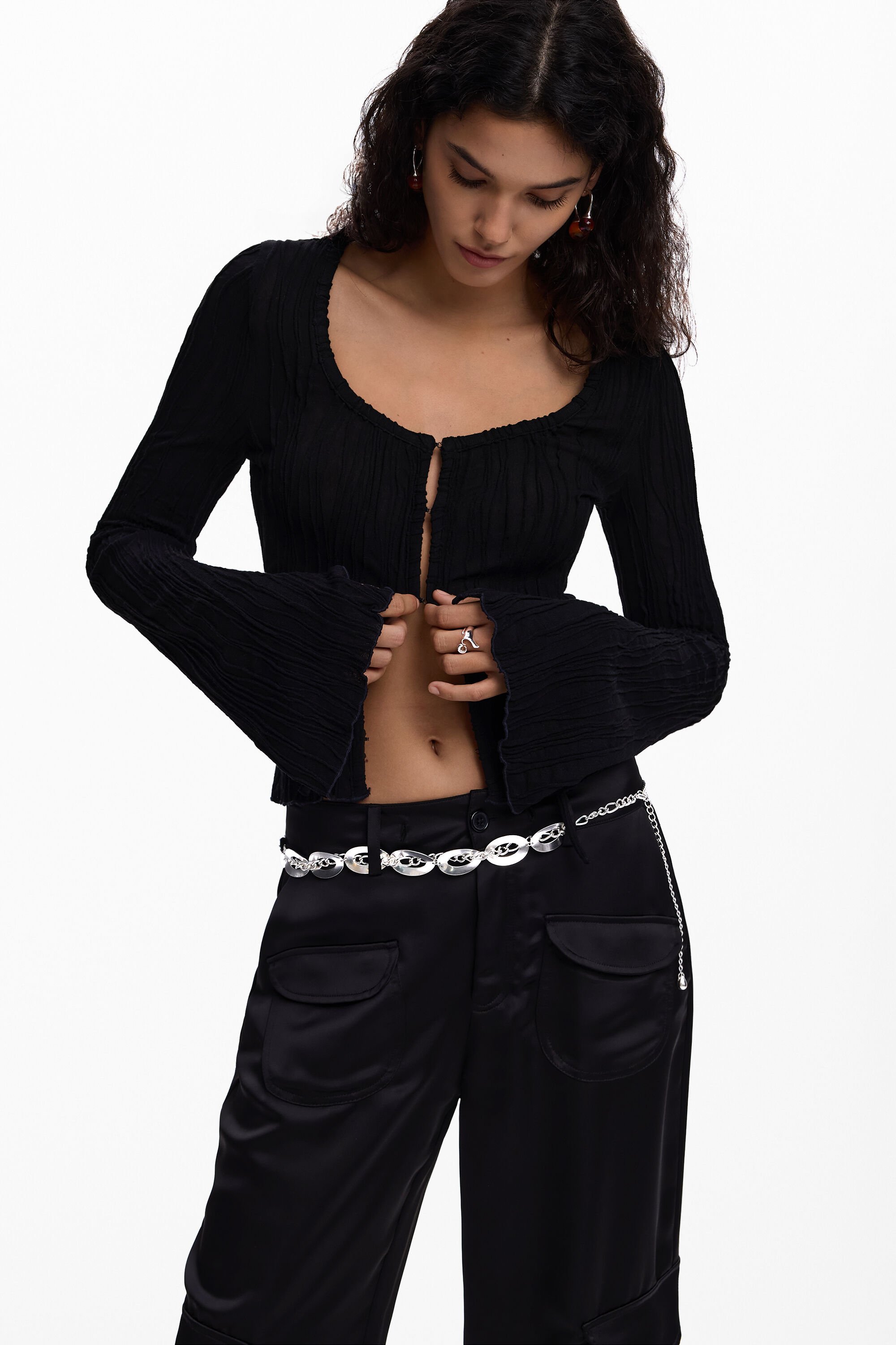 Desigual, T-Shirt mit Druckknöpfen und Schnürung, Damen, Schwarz, L