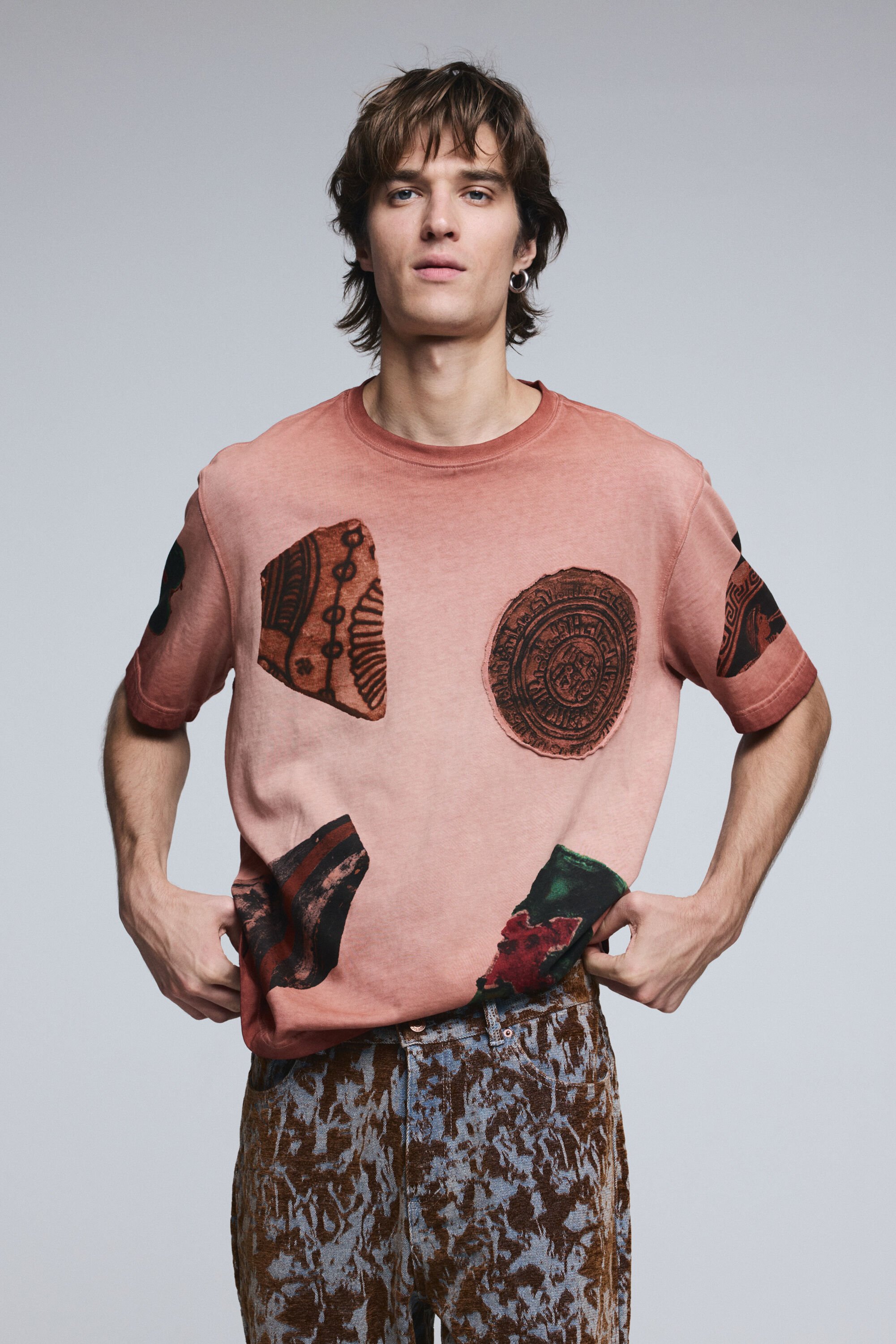 Desigual, Kurzarm-T-Shirt mit Flicken, Herren, Baumwolle, Orange, XXL