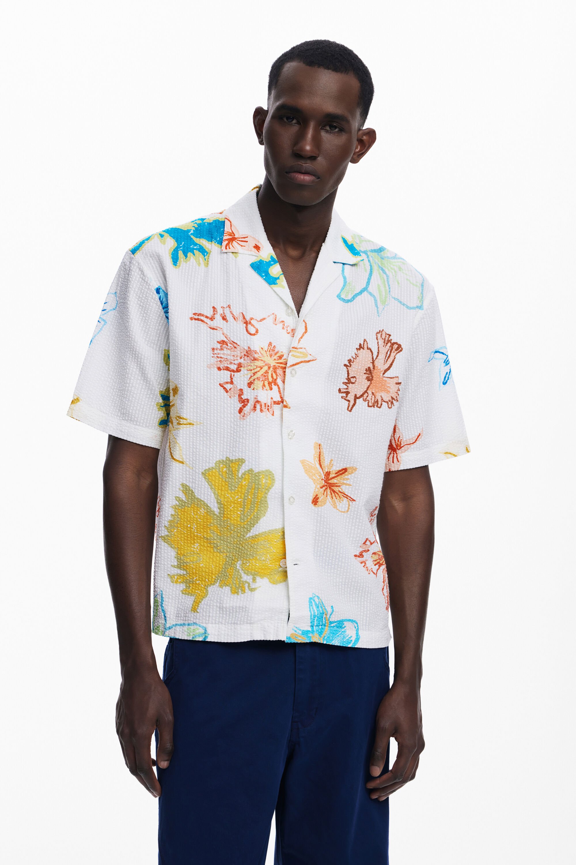 Desigual, Kurzarmhemd mit Blättern, Herren, Baumwolle, Weiß, XL
