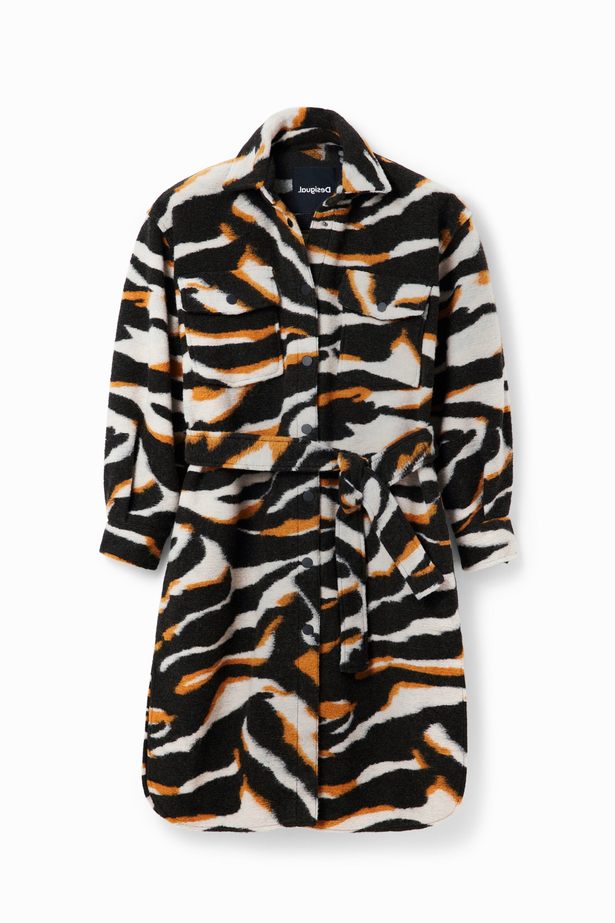 Desigual, Langer Mantel Überhemd Zebra, Damen, Schwarz, L