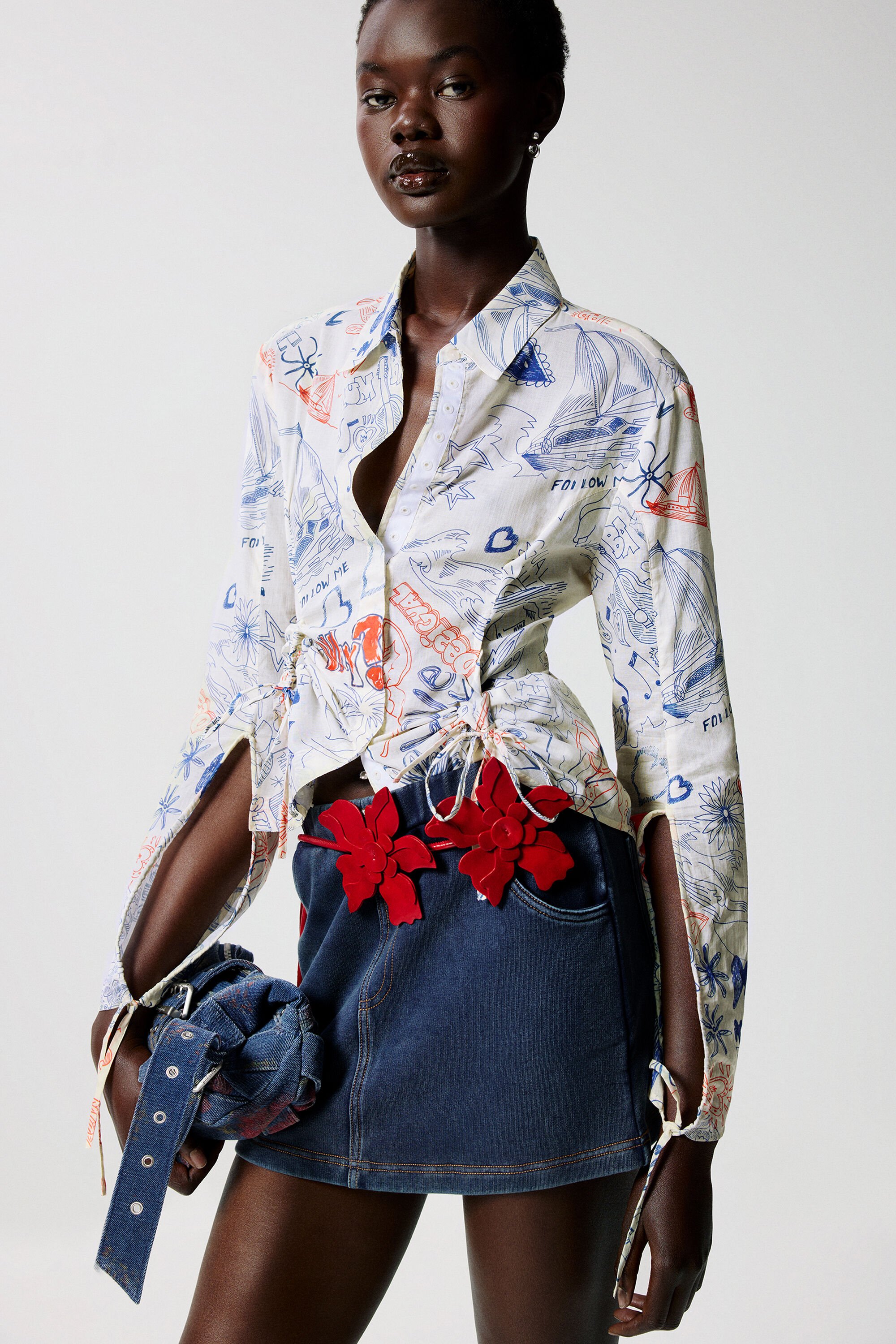 Desigual, Bedrucktes Hemd mit Schleifen, Damen, Baumwolle, Weiß, S