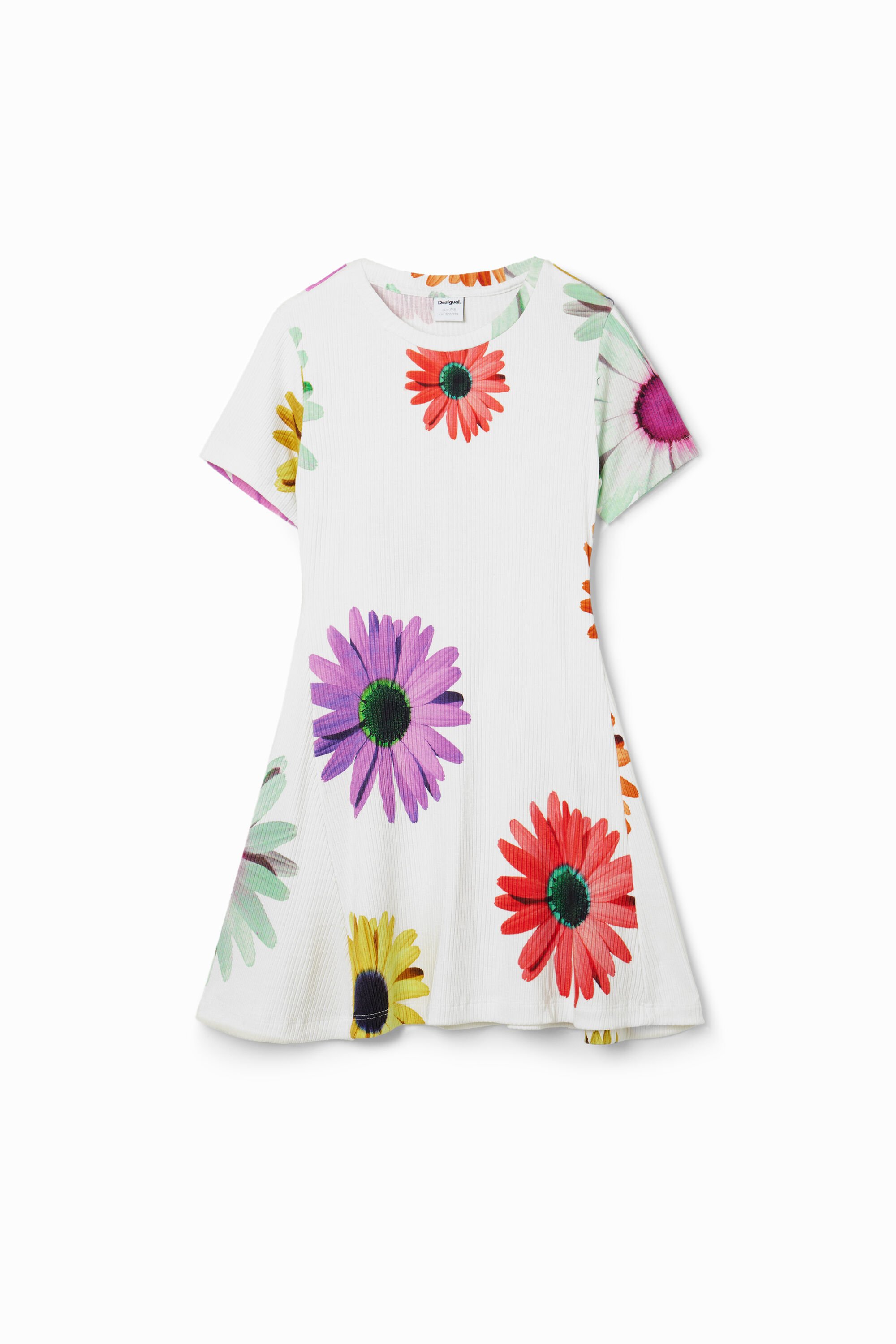 Desigual, Kurzes Kleid Rippstoff Margeriten, Viskose, Weiß, 7/8