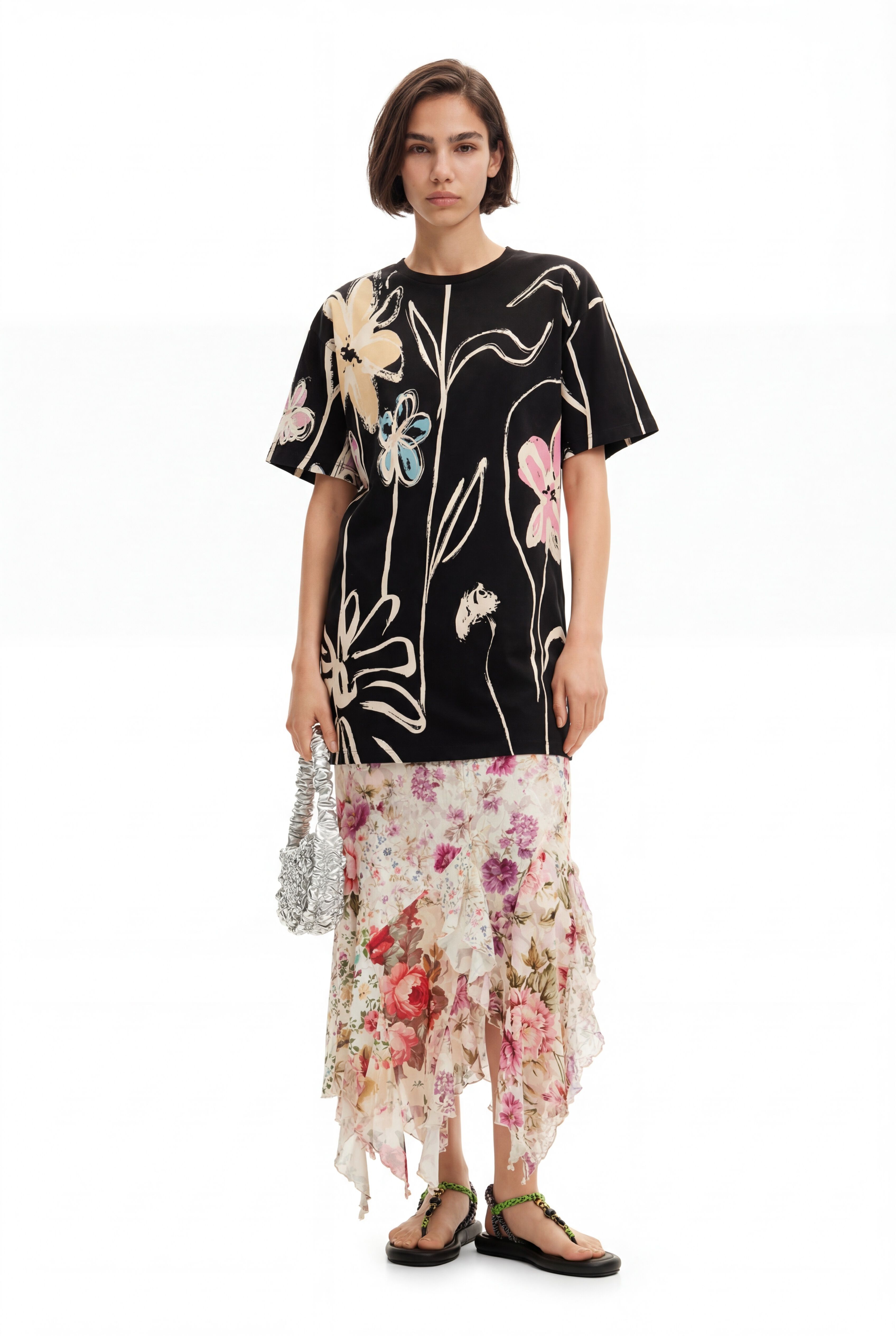 Desigual, Kurzes Kleid mit illustrierten Blumen, Damen, Baumwolle, Schwarz, L