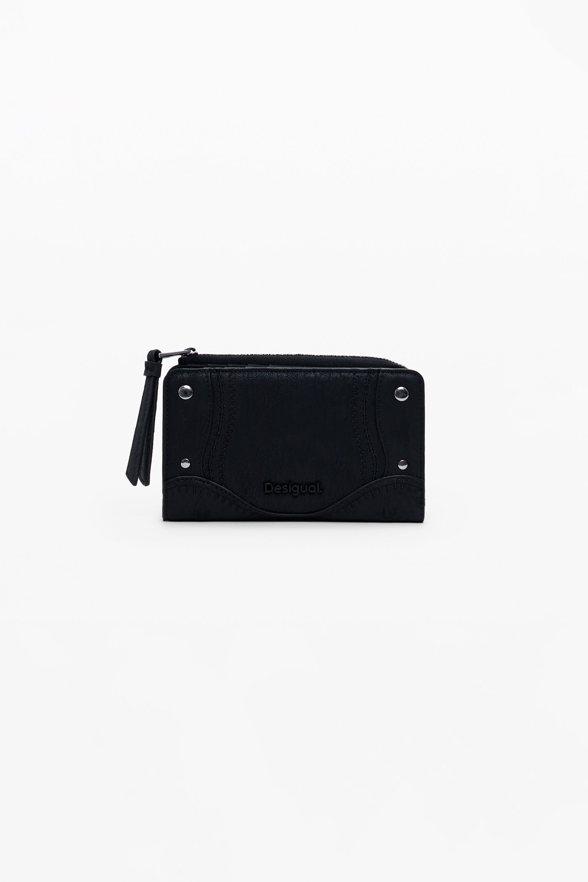 Desigual, Mittelgroße bestickte Geldbörse in Lederoptik, Damen, Polyurethan, Schwarz, U