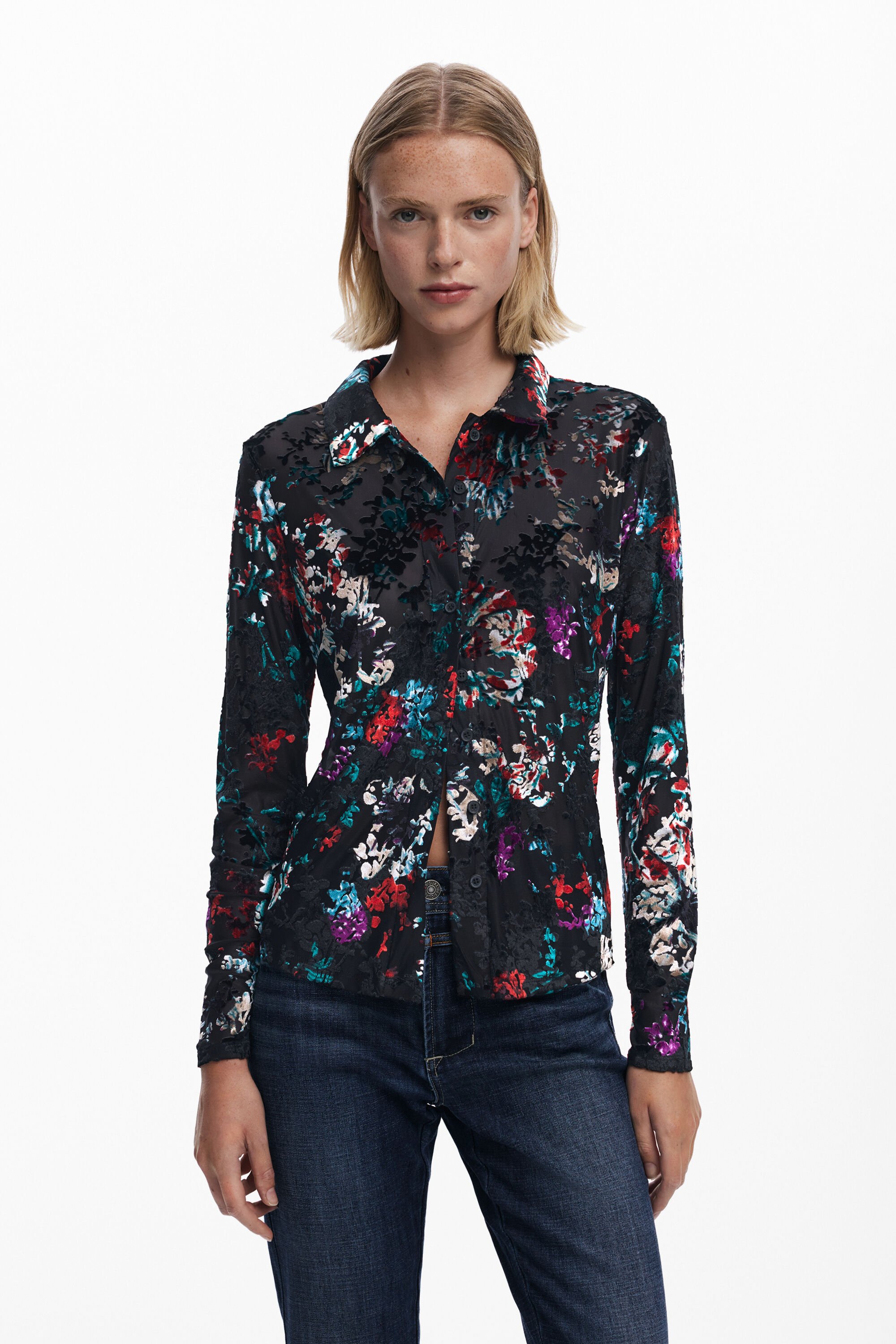 Desigual, Geknöpftes Tüllshirt mit Blumenmuster, Damen, Schwarz, M
