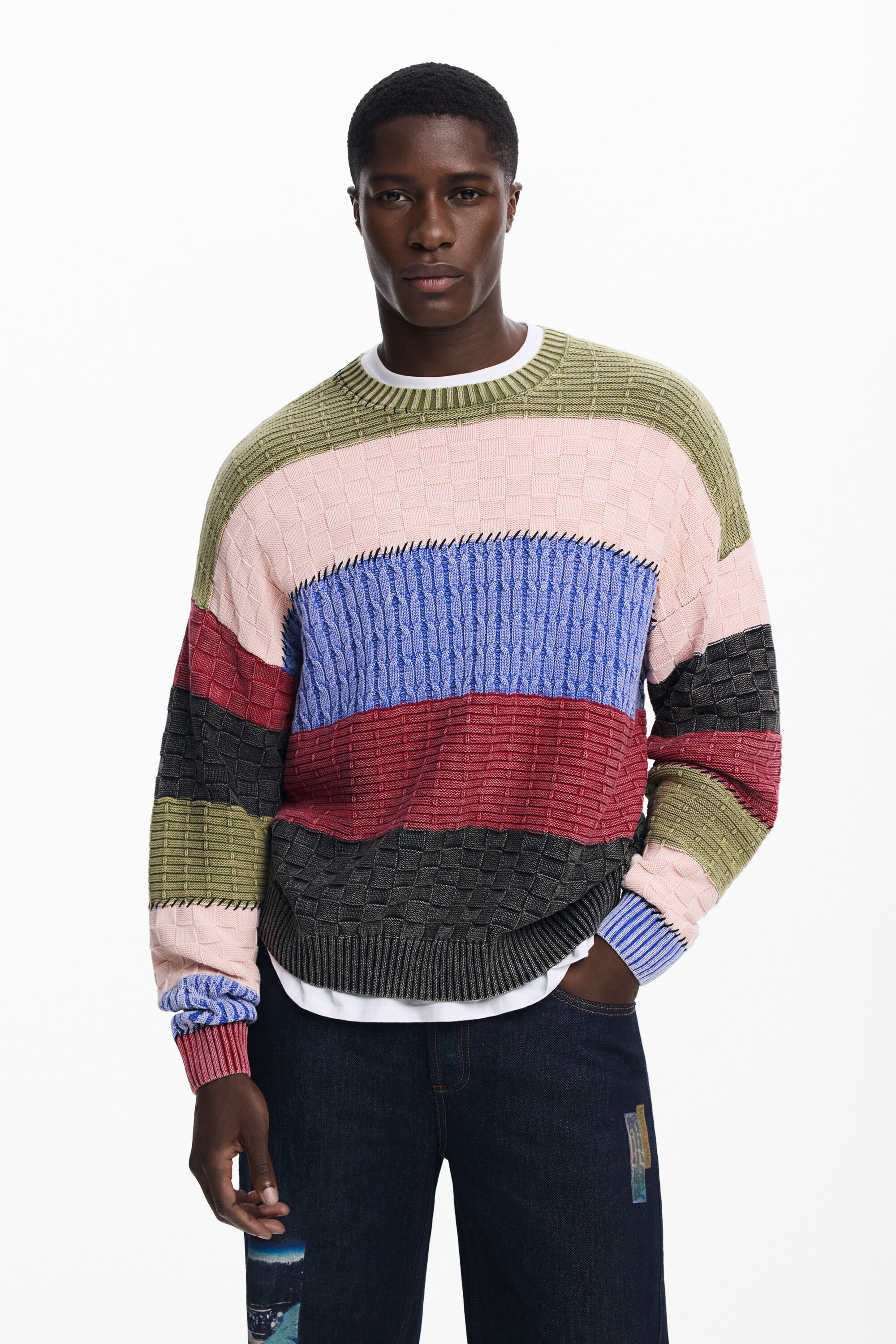 Desigual, Strickpullover mit Steppnähten, Herren, Baumwolle, S