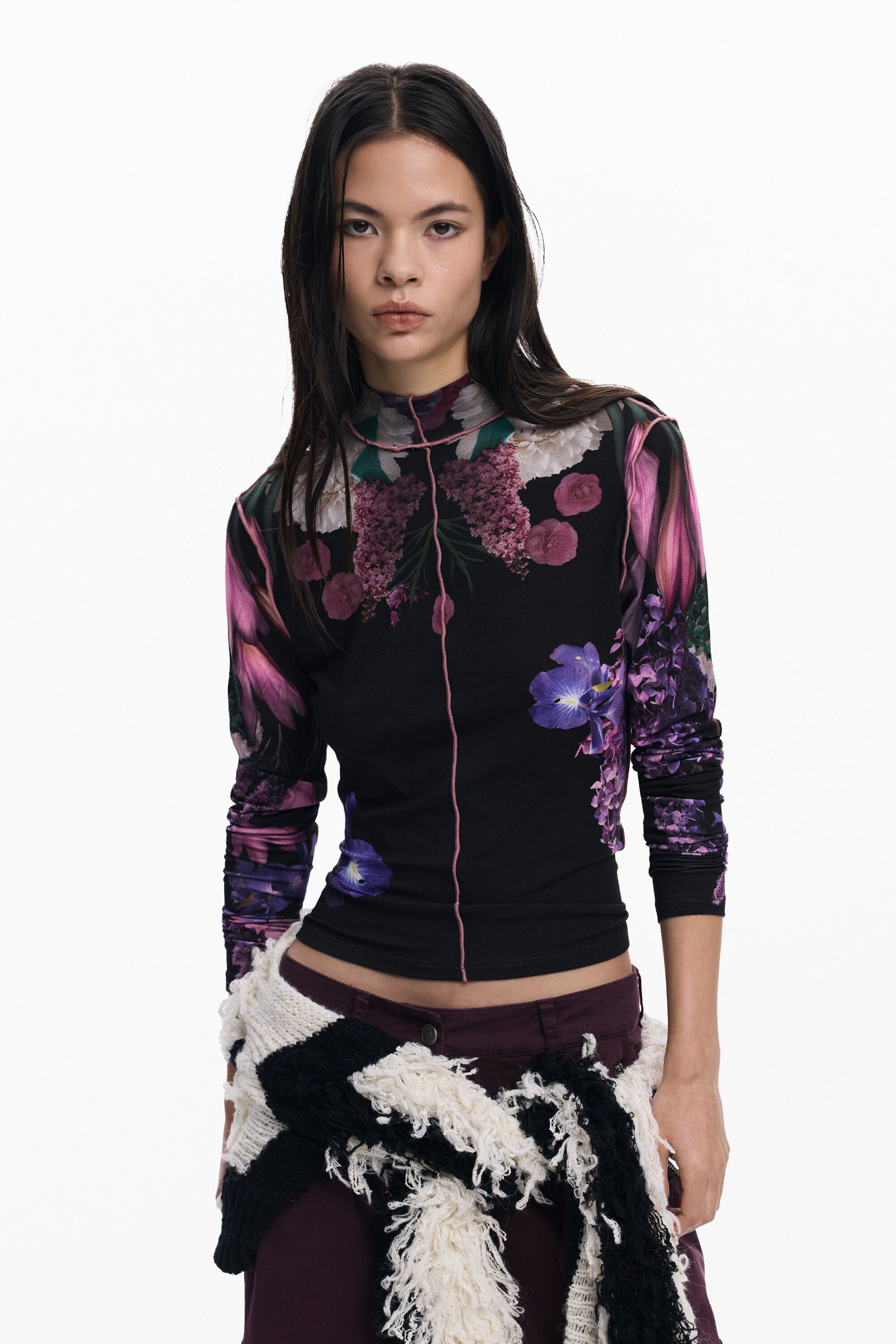 Desigual, Spiegelblumen-T-Shirt, Damen, Viskose, Schwarz, L