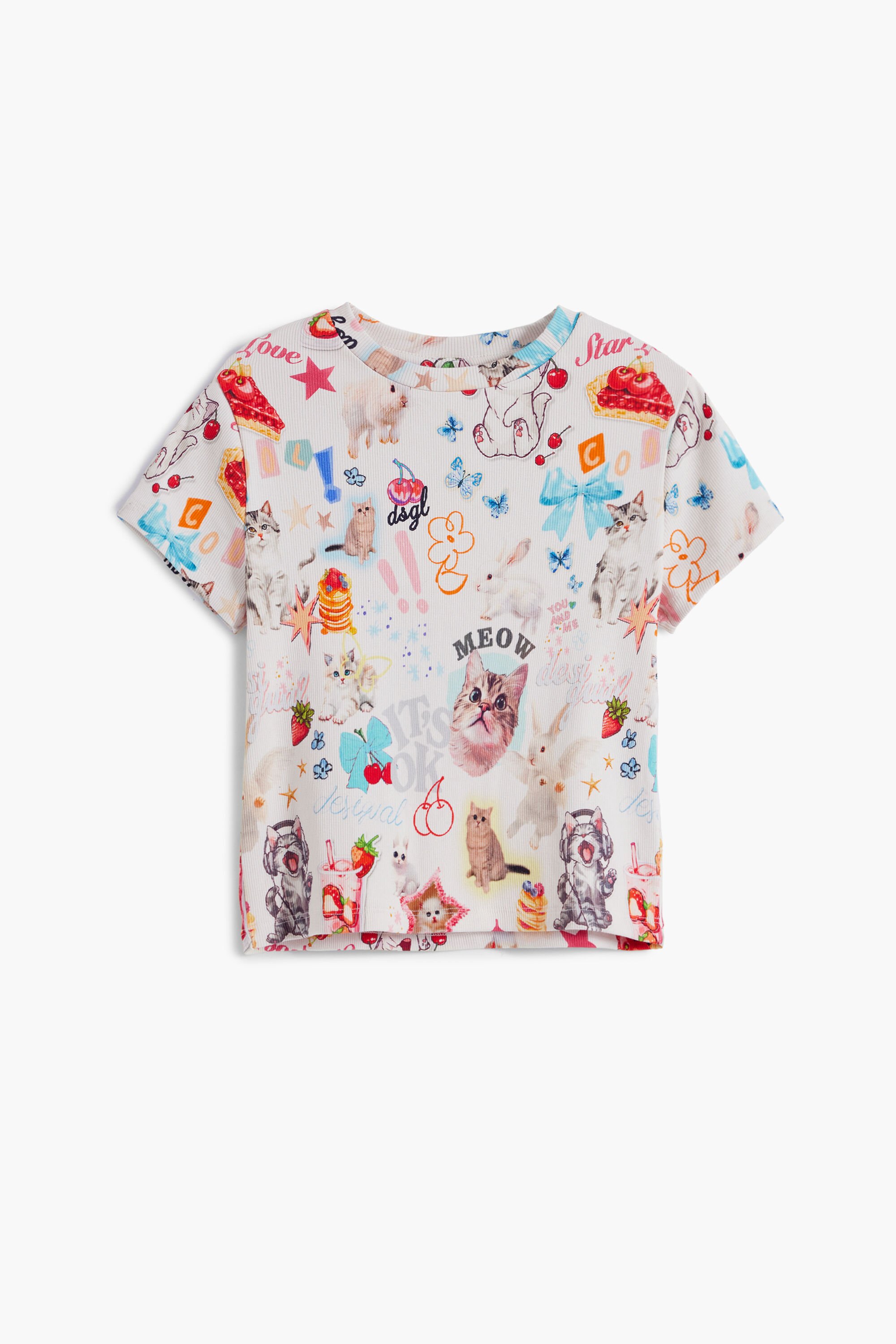Desigual, Kurzarmshirt Katzen, Kinder, Baumwolle, Weiß, 3/4