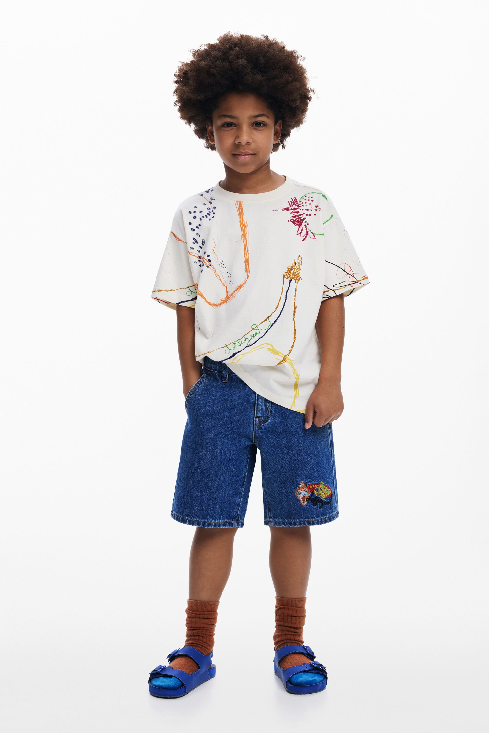 Desigual, Bestickte Jeans-Bermuda, Kinder, Baumwolle, Blau, 3/4