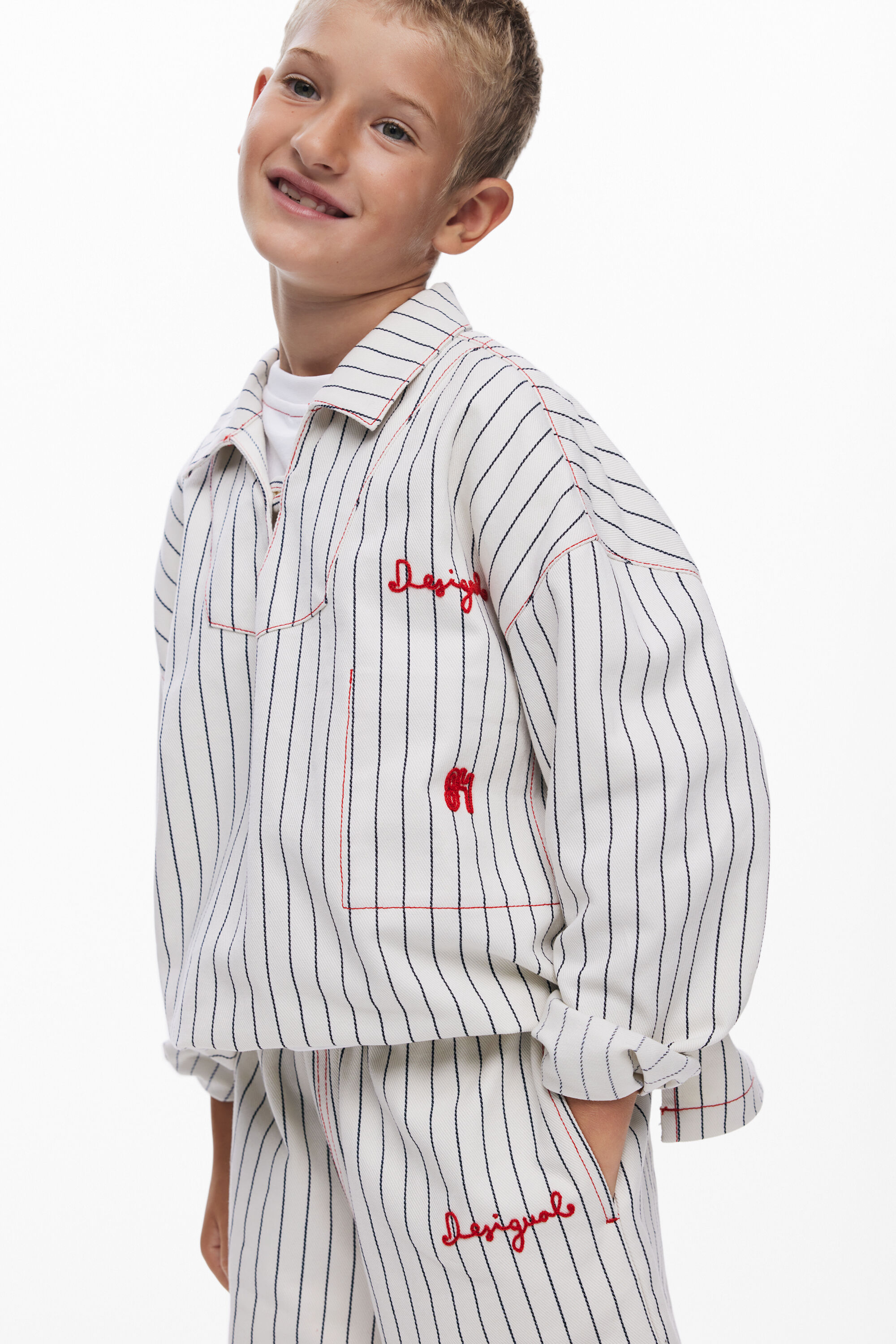 Desigual, Gestreiftes Hemd mit Stickerei, Kinder, Baumwolle, Weiß, 13/14