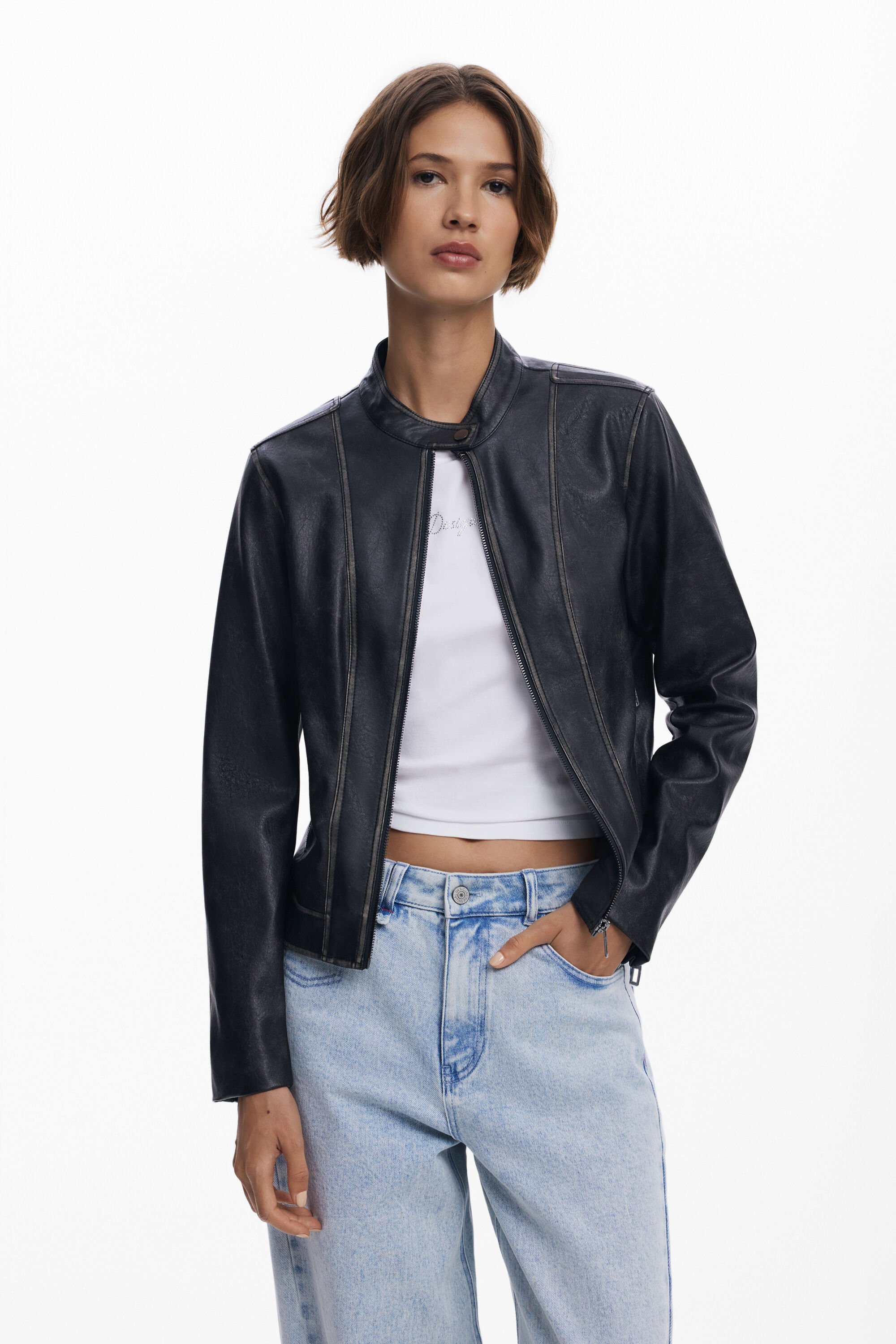 Desigual, Jacke im Used-Lederlook, Damen, Polyurethan, Schwarz, XS