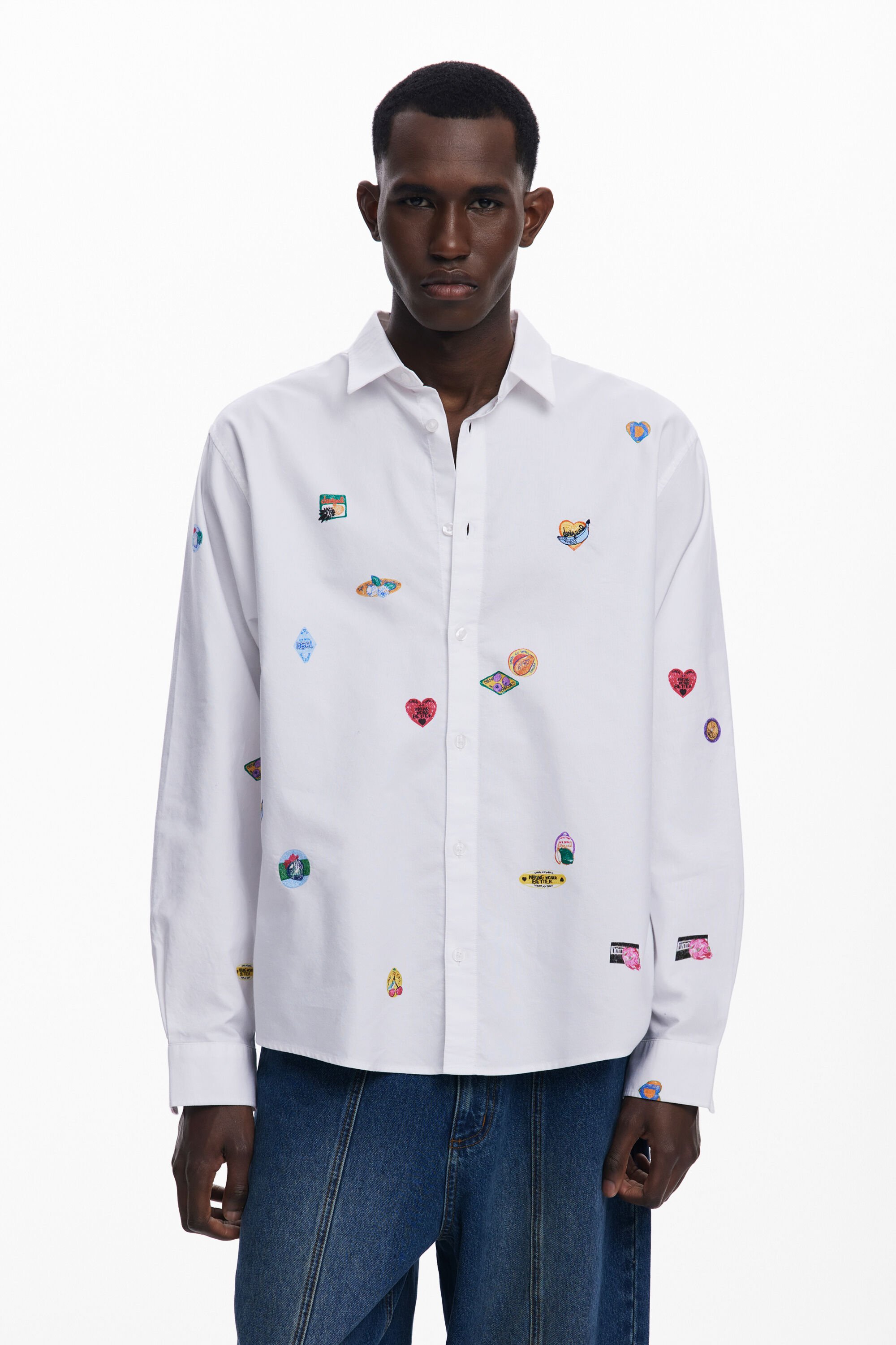Desigual, Langarmhemd mit Mustern, Herren, Baumwolle, Weiß, L