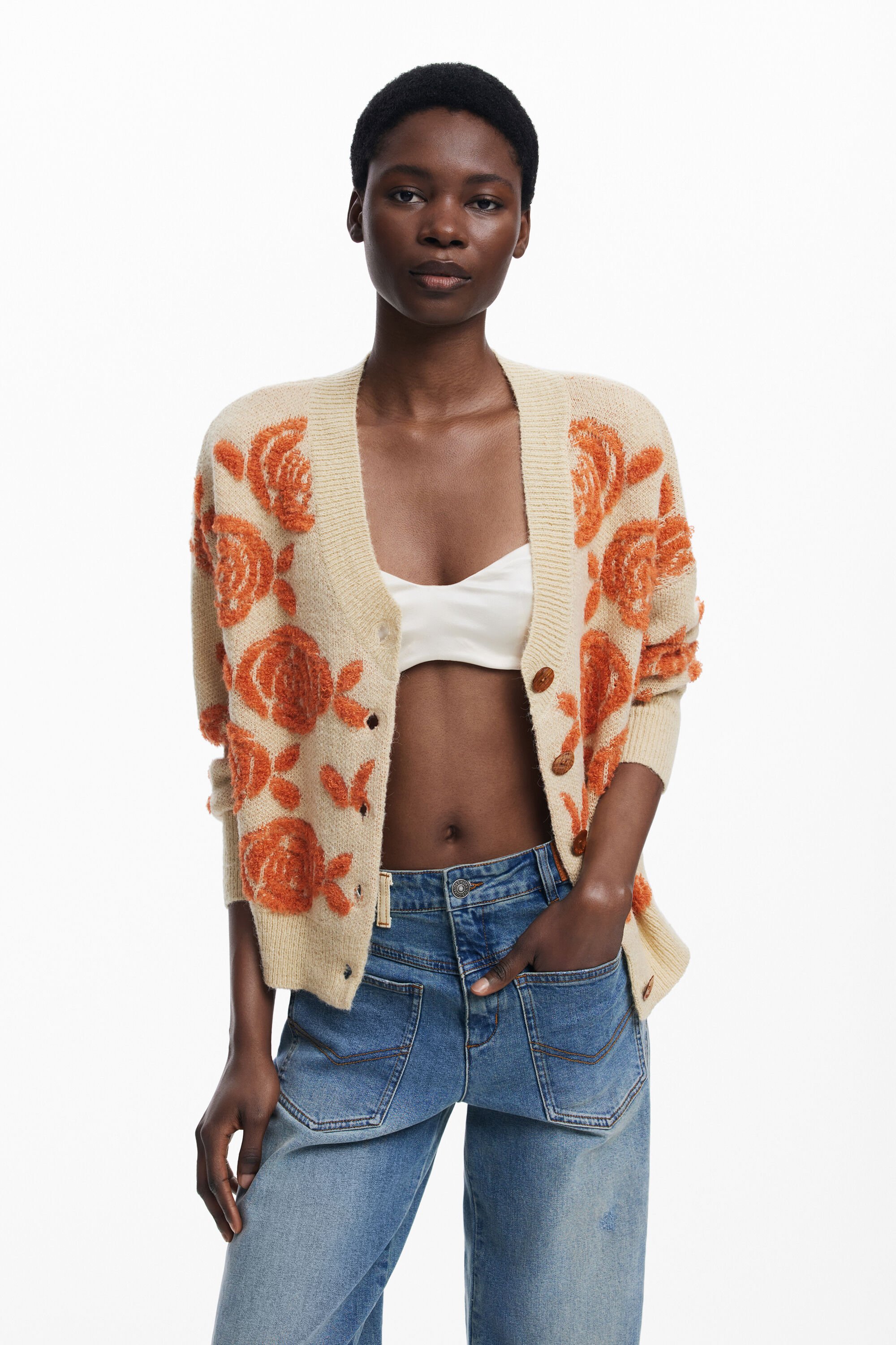 Desigual, Pullover mit rosa Knöpfen, Damen, Weiß, M