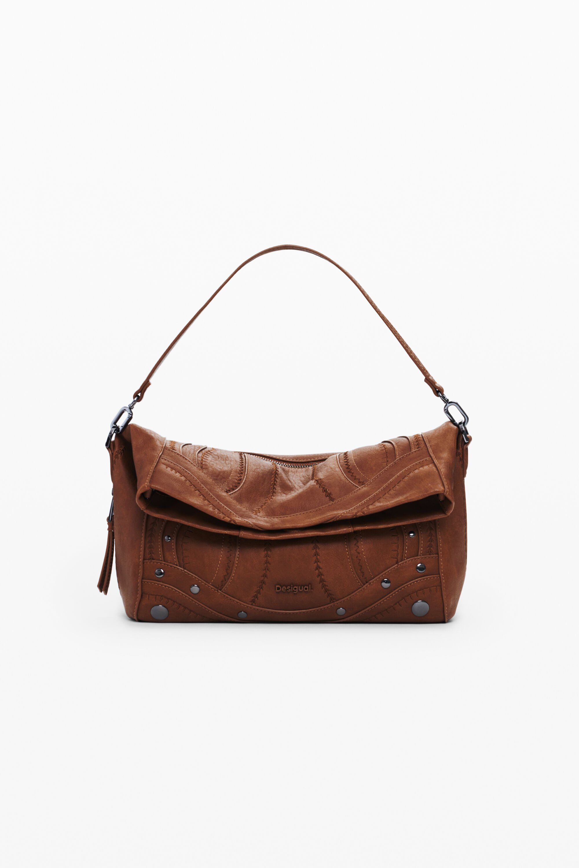 Desigual, Mittelgroße Tasche in Lederoptik mit Stickereien, Damen, Polyurethan, Braun, U