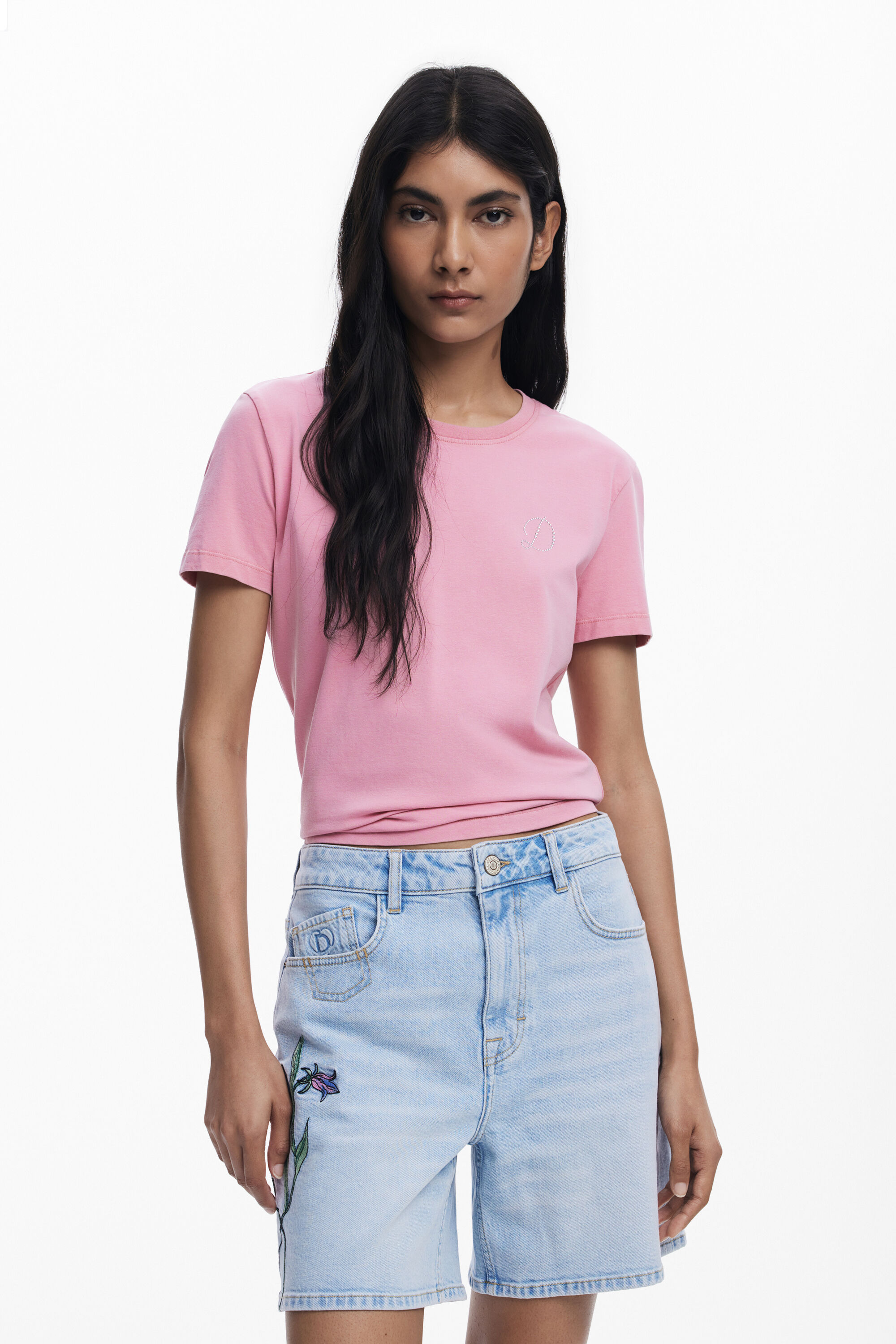 Desigual, 'D' Strass T-Shirt, Damen, Baumwolle, Rot, S