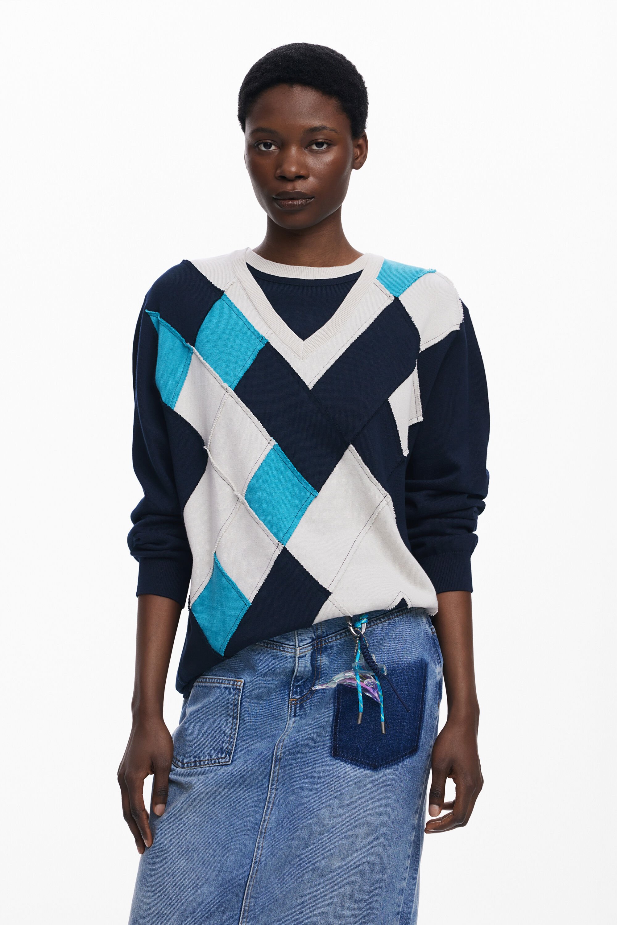 Desigual, Pullover mit doppeltem Kragen und Rauten Botter, Damen, Baumwolle, Blau, L