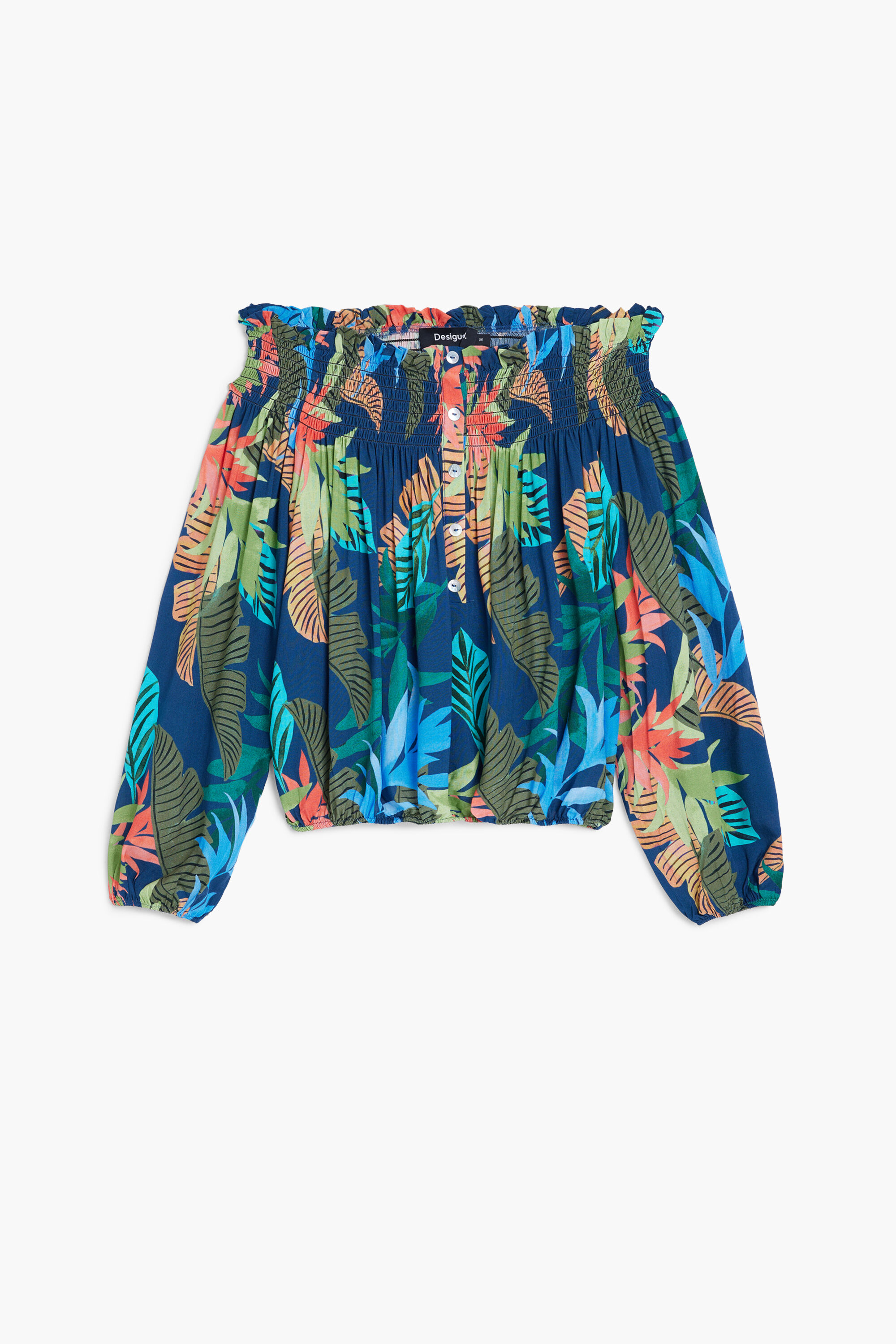 Desigual, Bluse mit Muster und Carmenausschnitt, Damen, Viskose, Blau, XXL