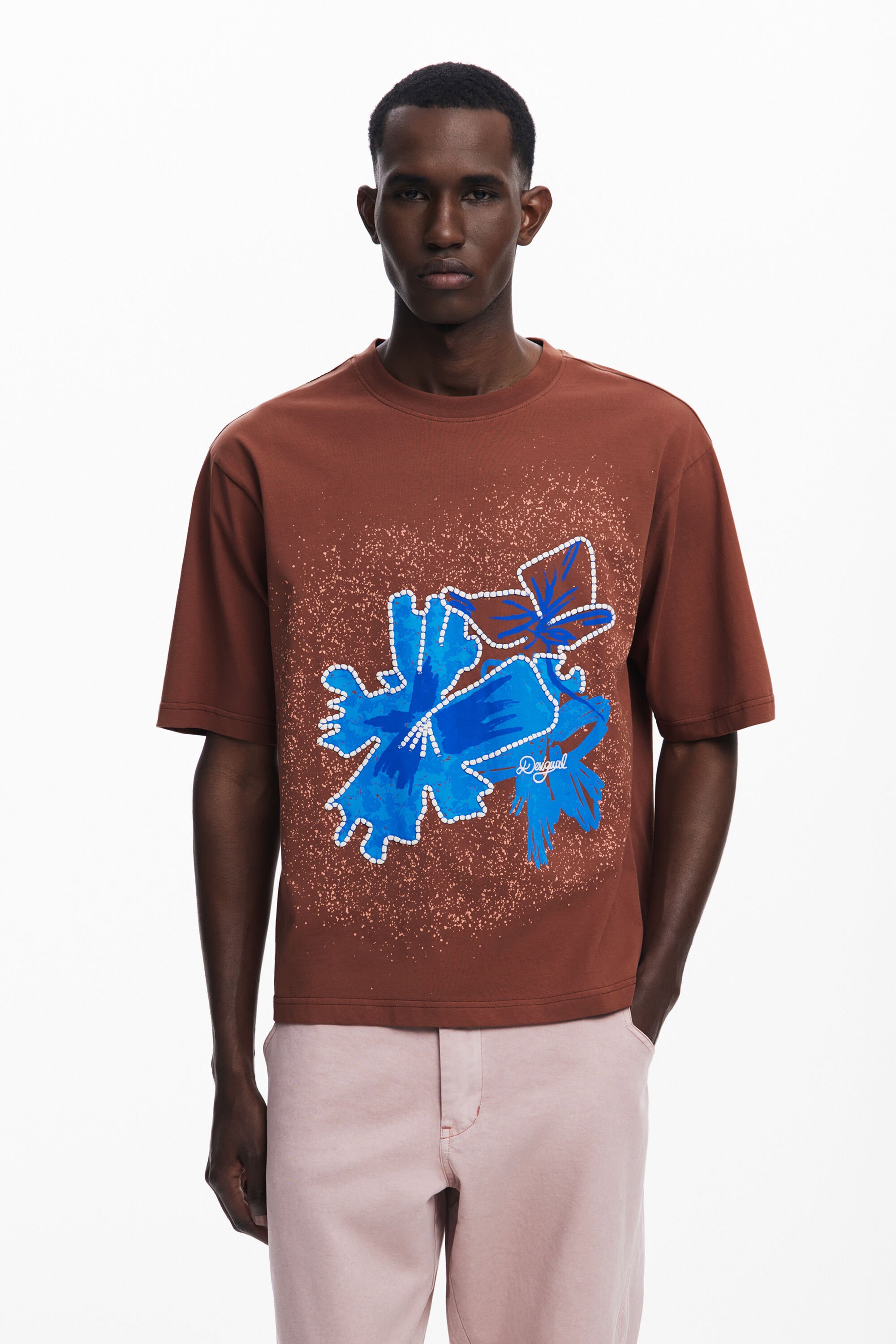 Desigual, Kurzarm-T-Shirt mit Blumen-Patch, Herren, Baumwolle, Braun, XL
