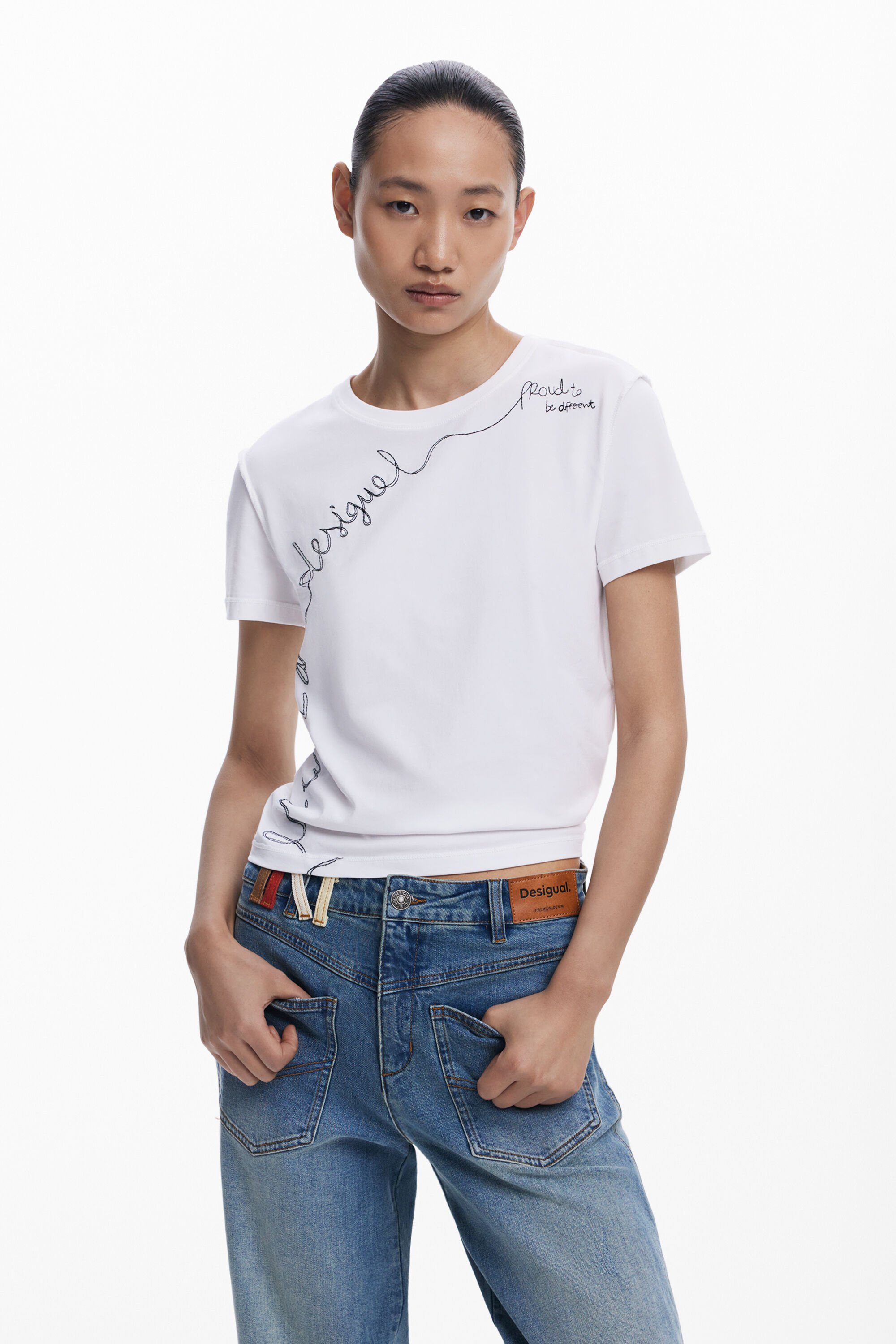 Desigual, T-Shirt mit gesticktem Spruch, Damen, Baumwolle, Weiß, L