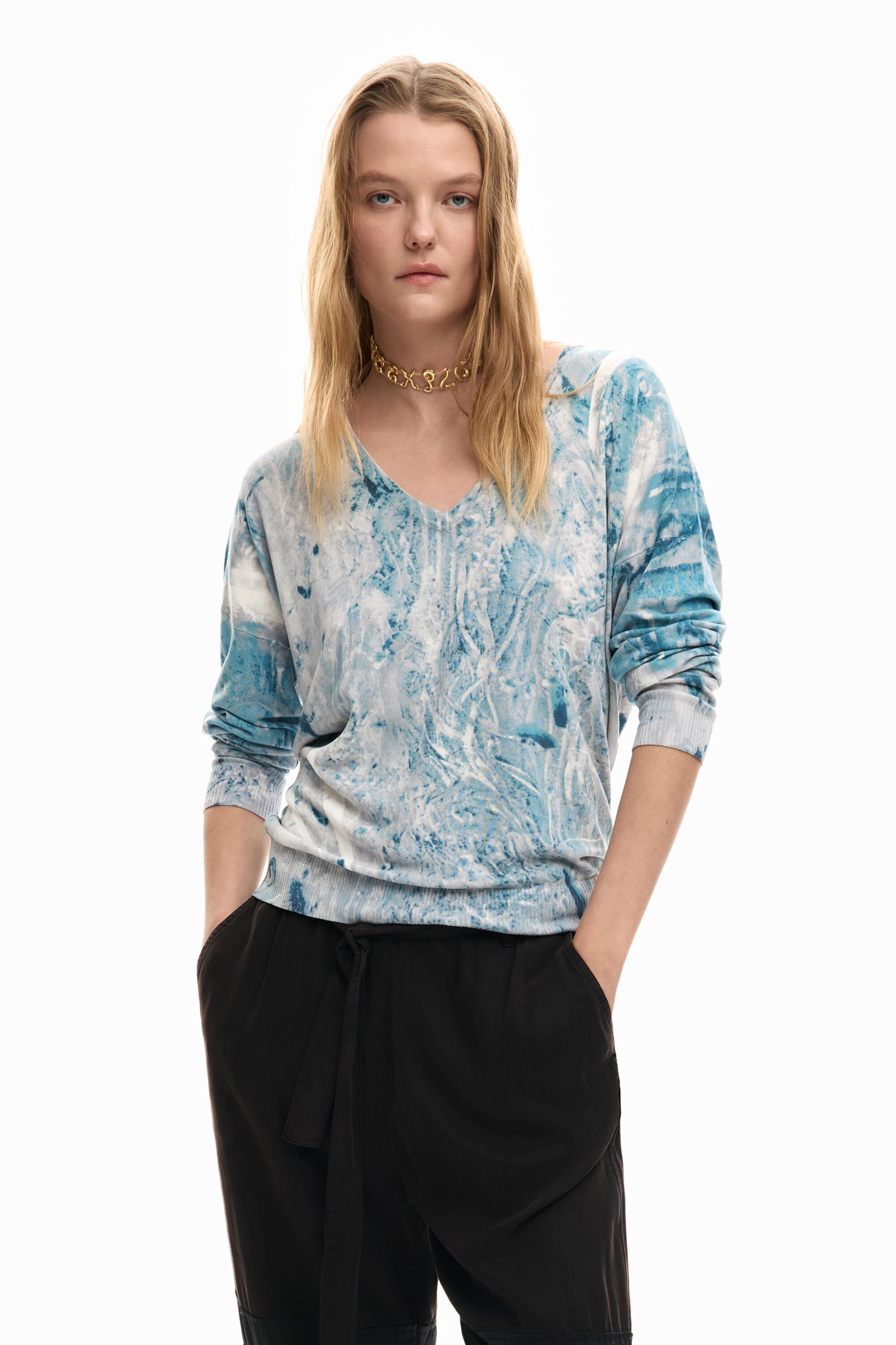 Desigual, Pullover mit V-Ausschnitt und abstraktem Muster, Damen, Blau, L