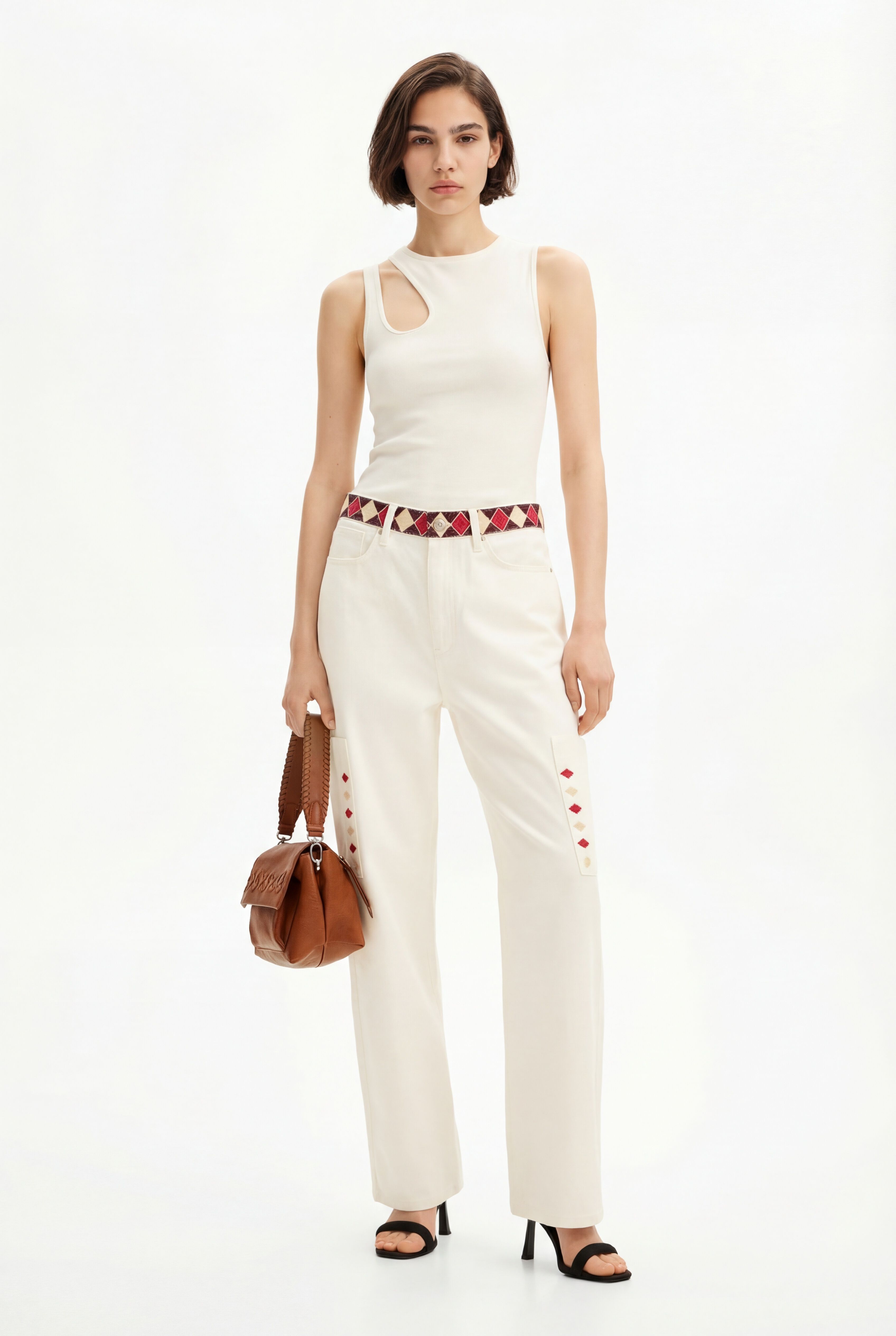 Desigual, Gekürzte Denim-Hose mit Rautenmuster an den Kanten., Damen, Baumwolle, Weiß, 42