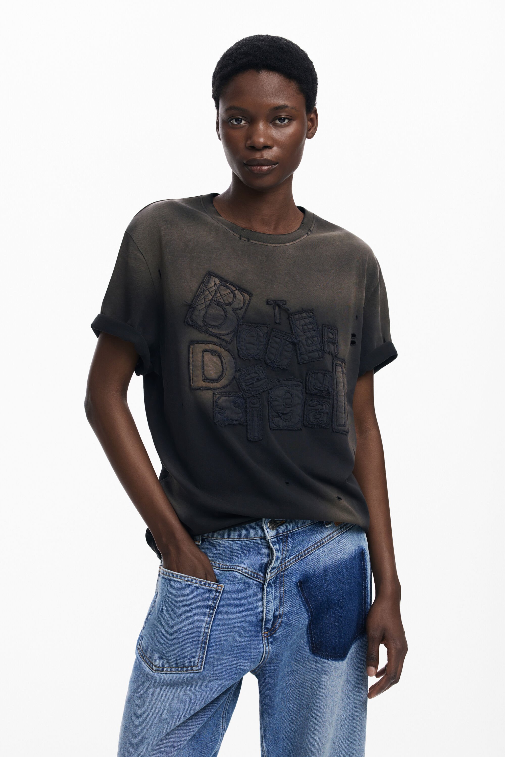 Desigual, Kurzarm-T-Shirt sun-faded Botter, Damen, Baumwolle, Schwarz, XL