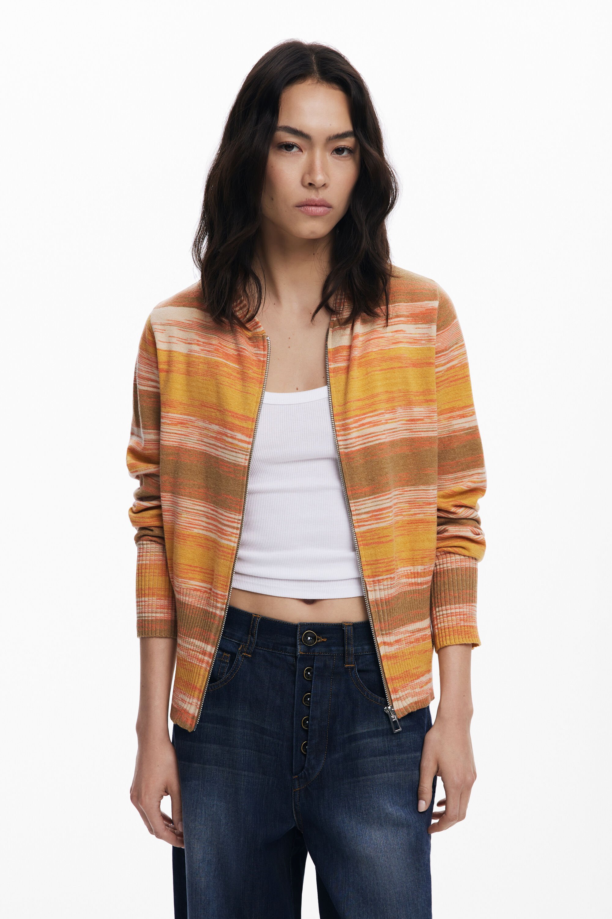 Desigual, Gestreifter Kapuzenpullover mit Reißverschluss, Damen, Orange, XS