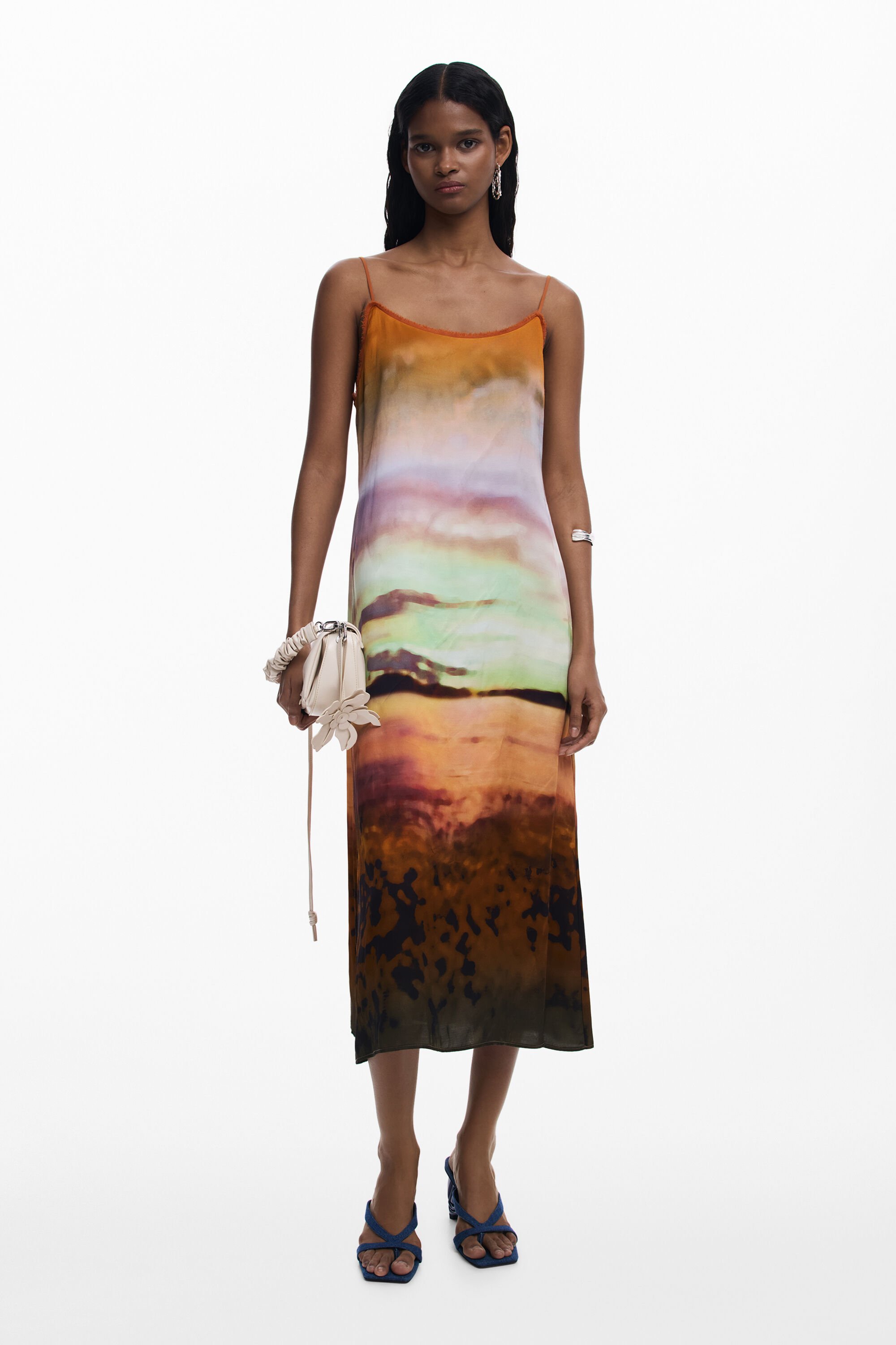 Desigual, Langes Kleid mit Trägern Sunset, Damen, Viskose, Gelb, L