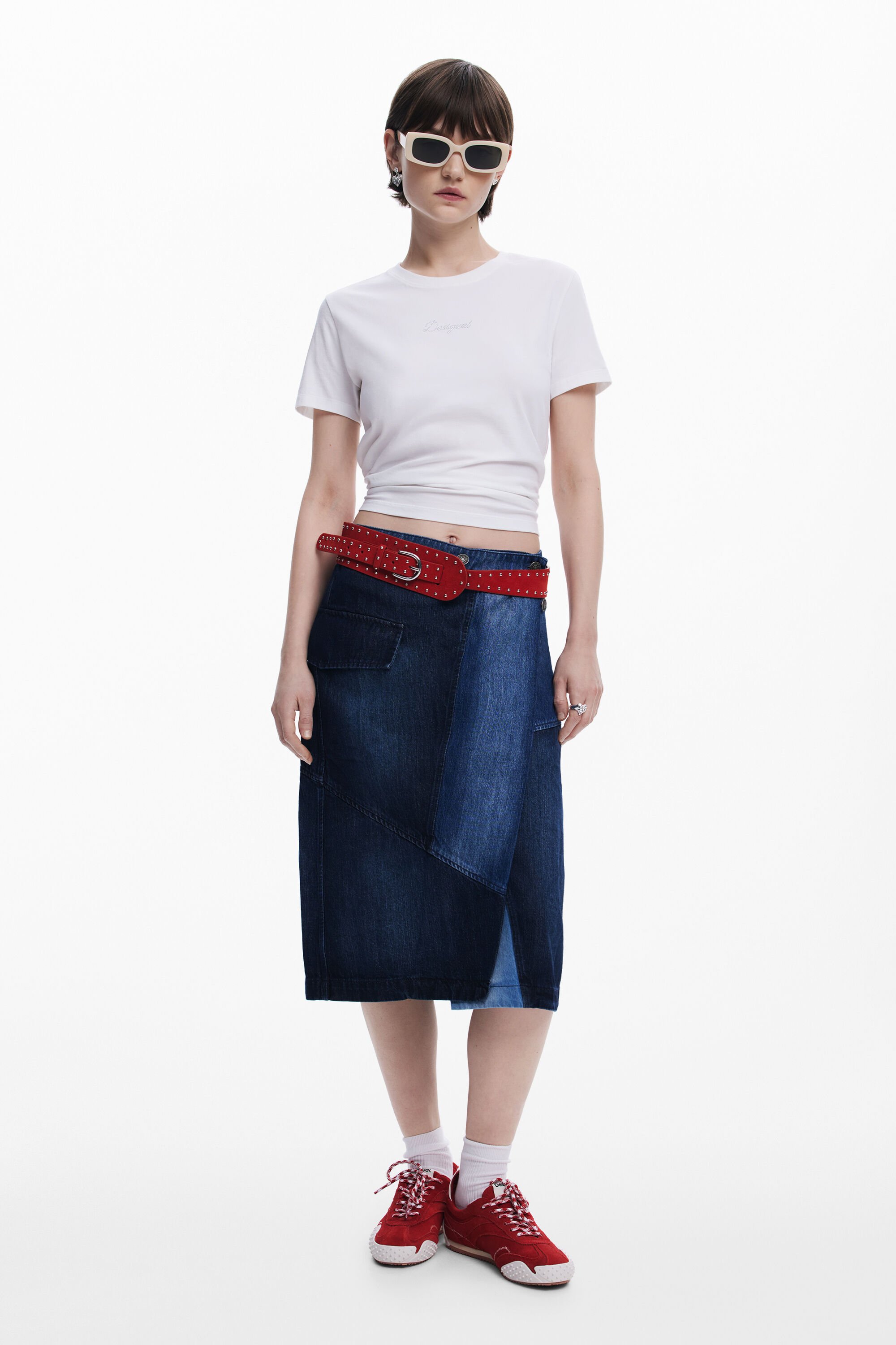 Desigual, Gekreuzter Jeans-Midirock, Damen, Baumwolle, Blau, L