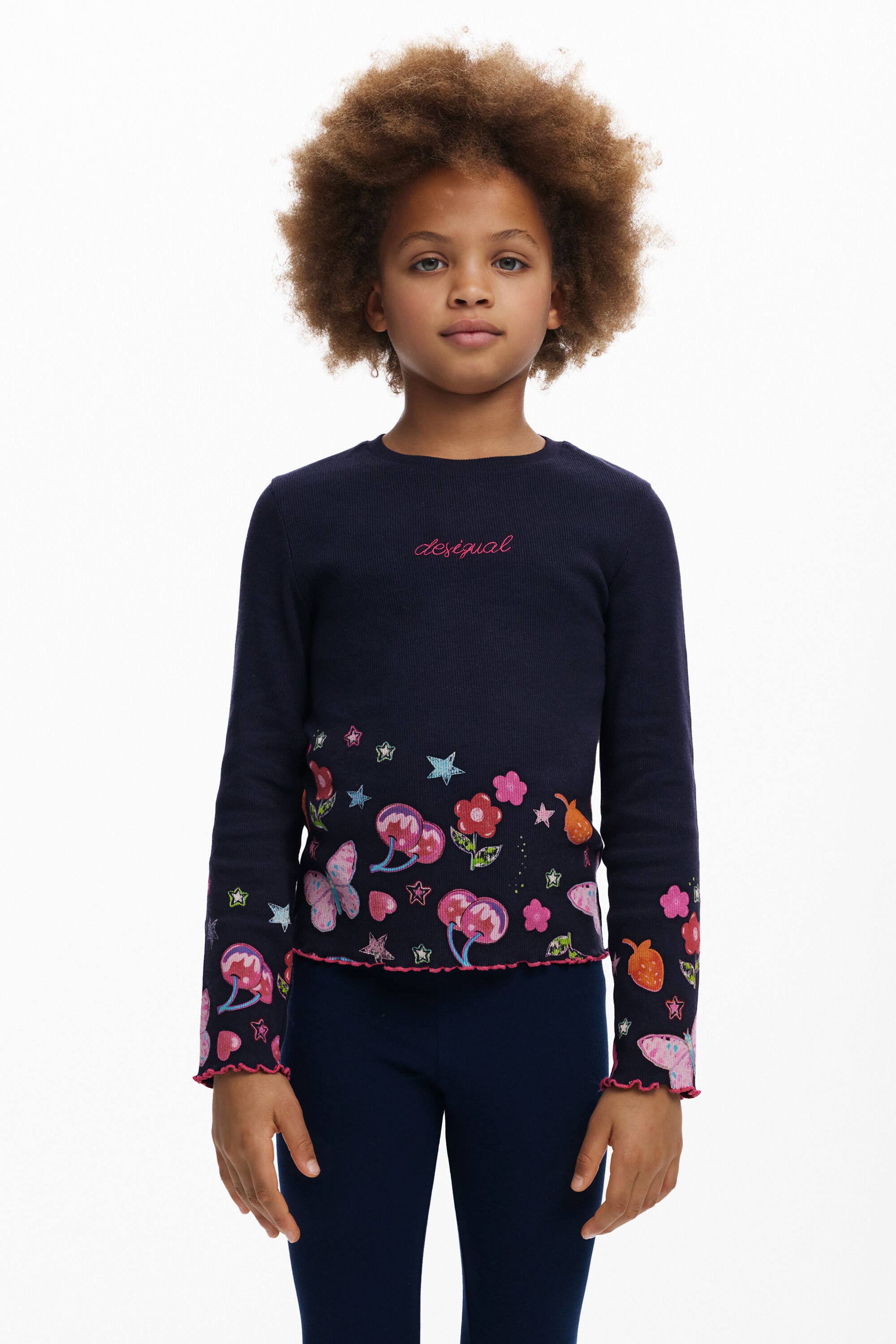 Desigual, Langarmshirt mit Blumenlogo, Kinder, Baumwolle, Blau, 3/4