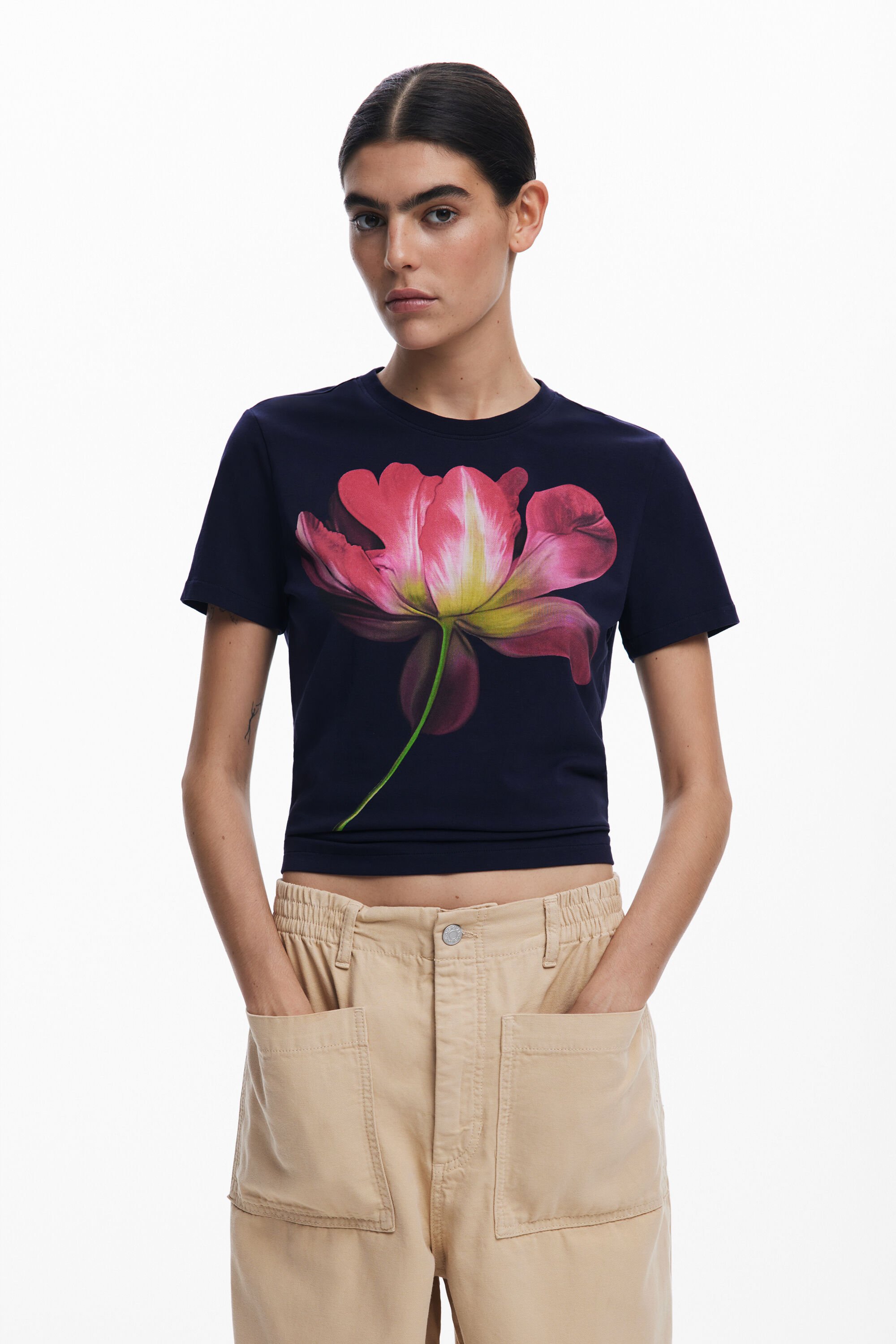 Desigual, T-Shirt mit großer Blume, Damen, Baumwolle, Blau, L