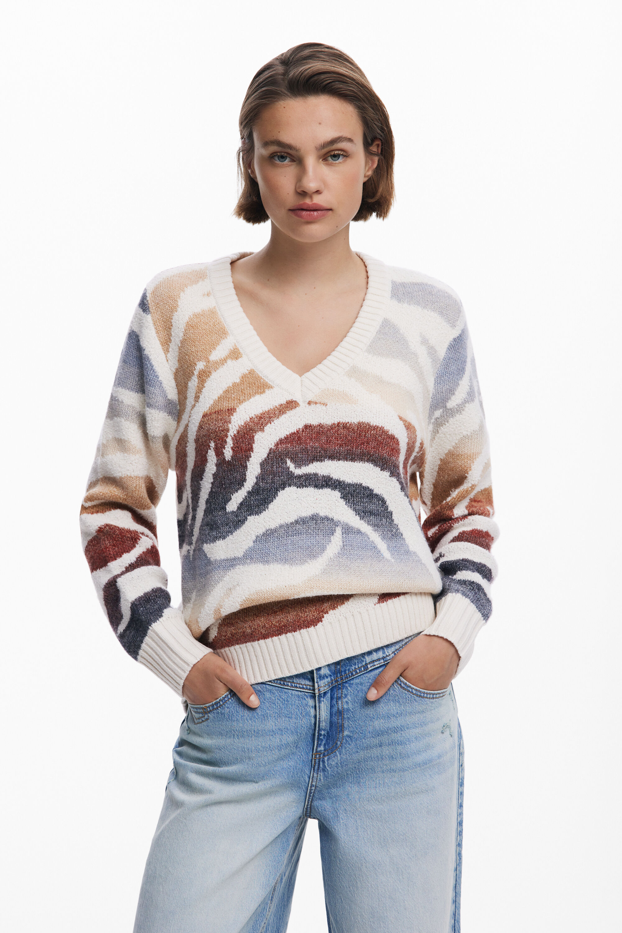 Desigual, Zebra-Pullover mit V-Ausschnitt, Damen, Weiß, S