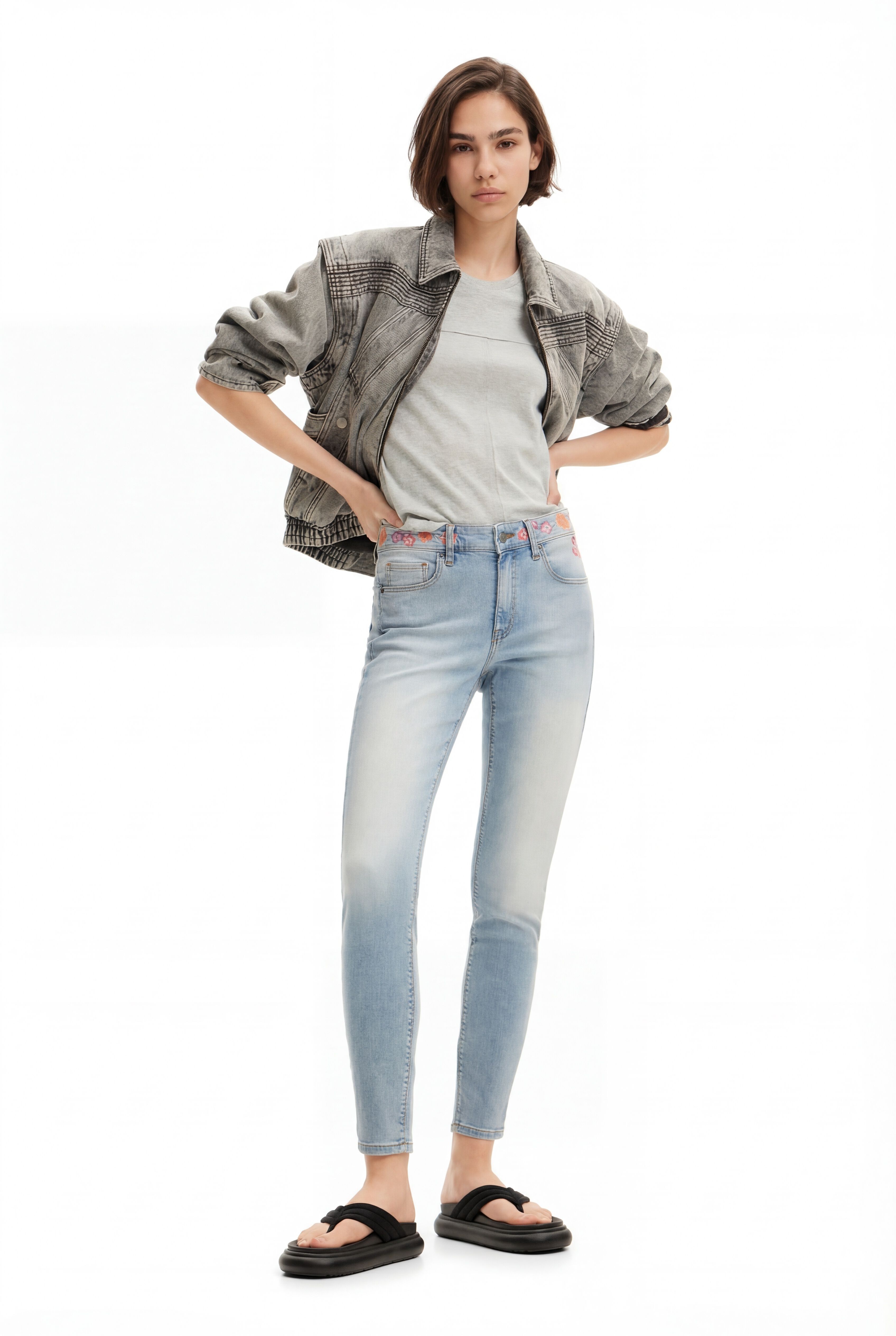 Desigual, Lange Jeans mit Blumenmuster am Bund., Damen, Blau, 38