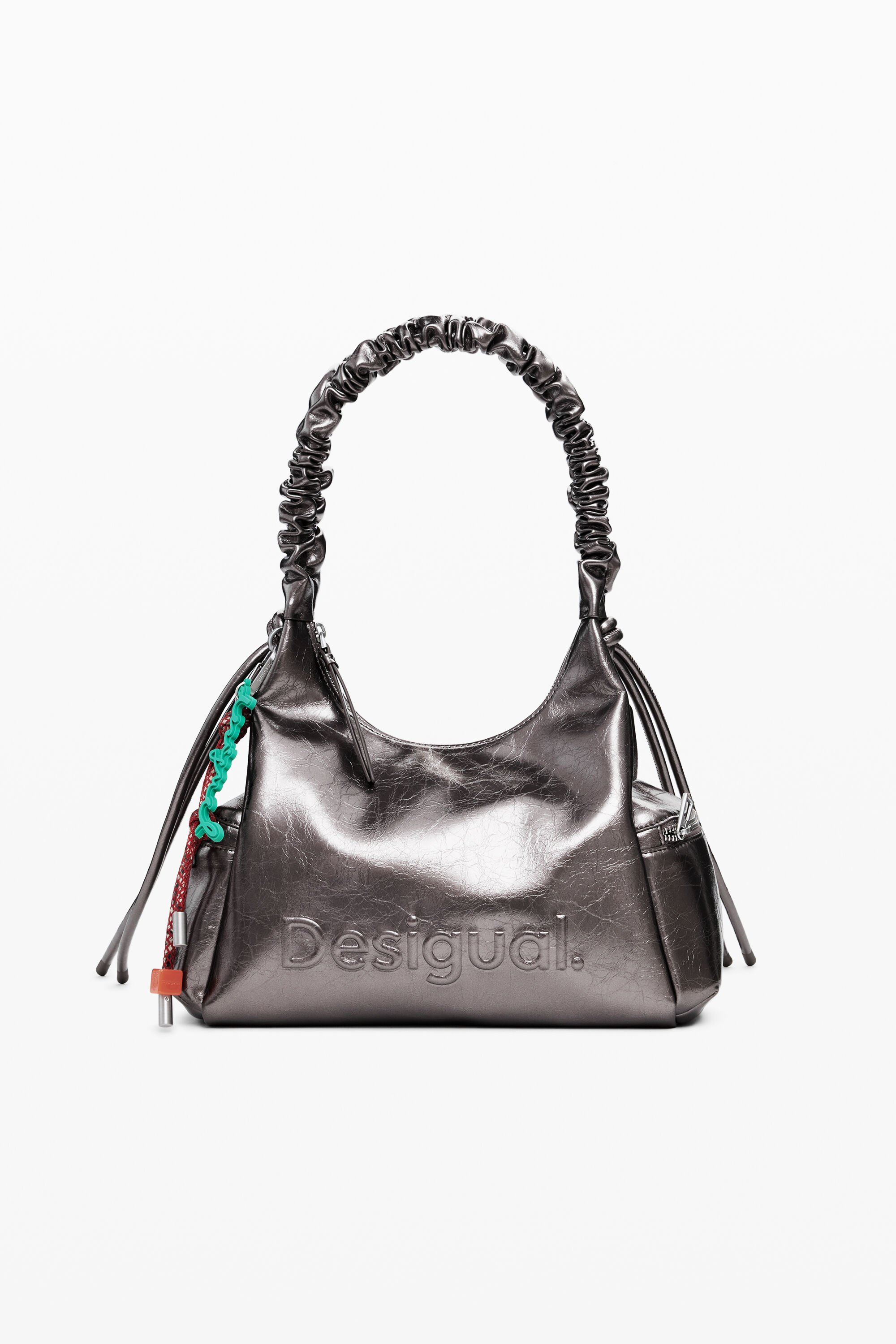 Desigual, Mittelgroße Tasche mit 3D-Logo und gerafftem Henkel in Metallic-Optik, Damen, Polyurethan, U