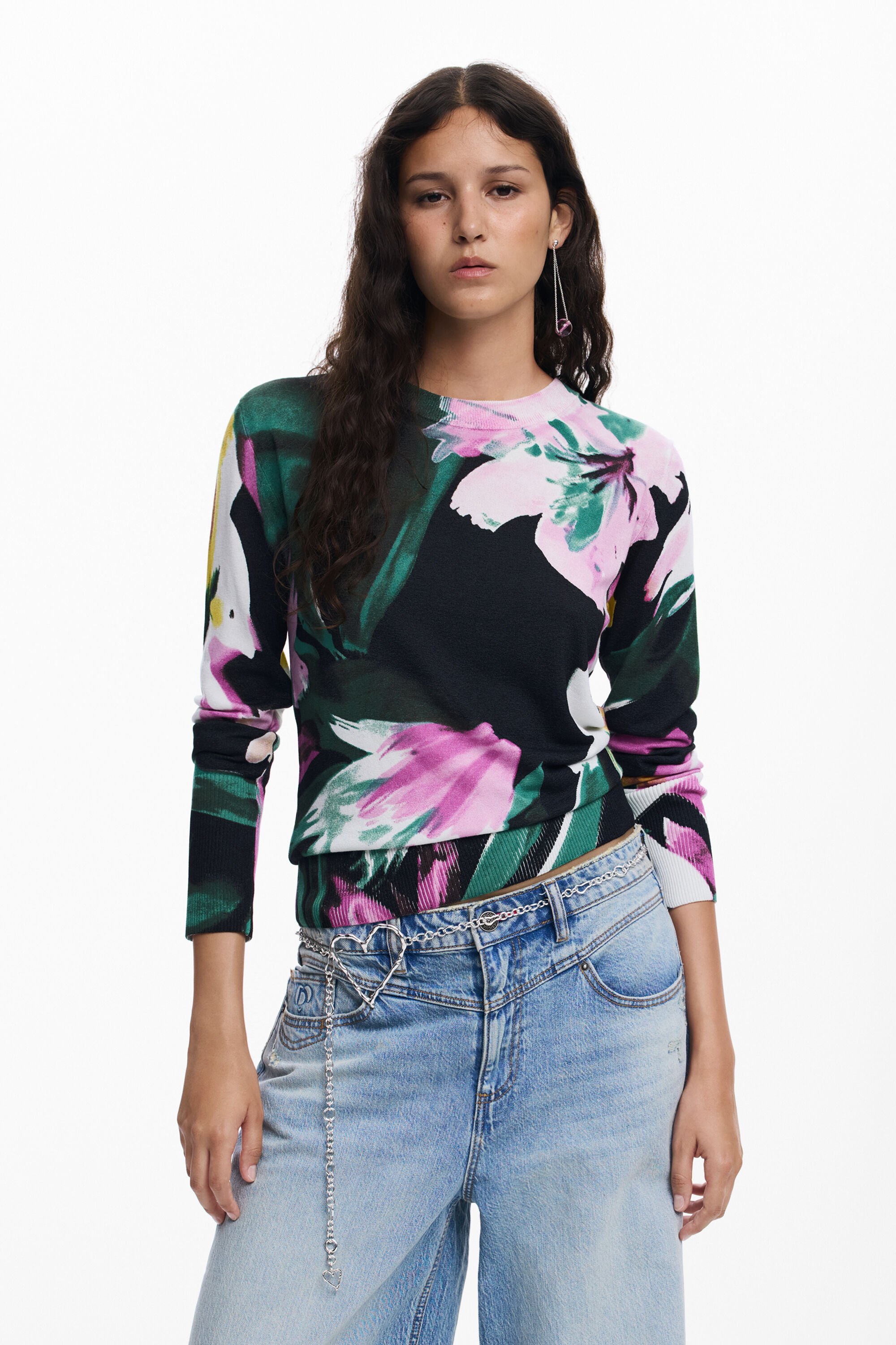 Desigual, Feiner Pullover mit Blumenmuster, Damen, Schwarz, XL