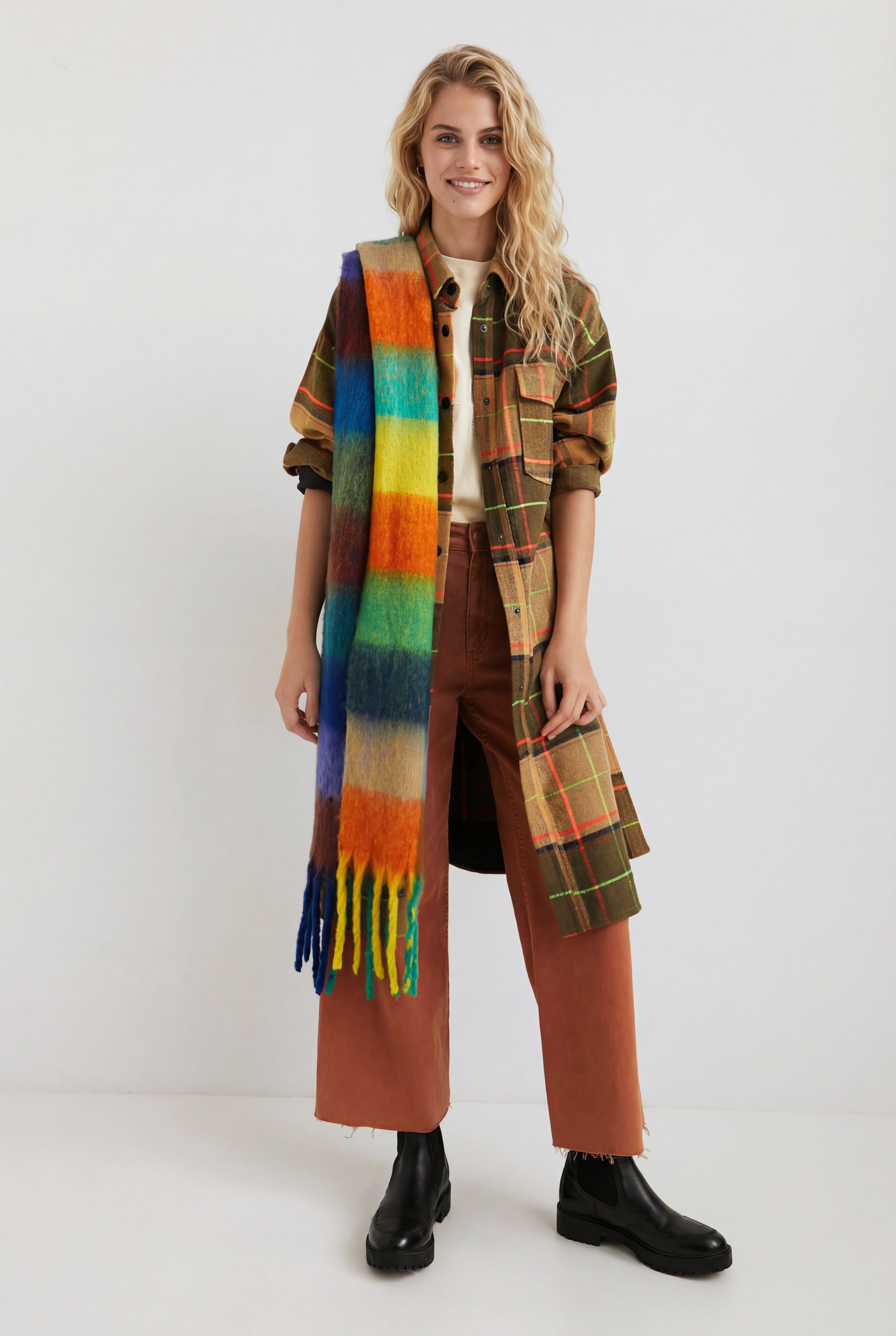 Desigual, Langer Tartan-Mantel, Damen, Braun, M