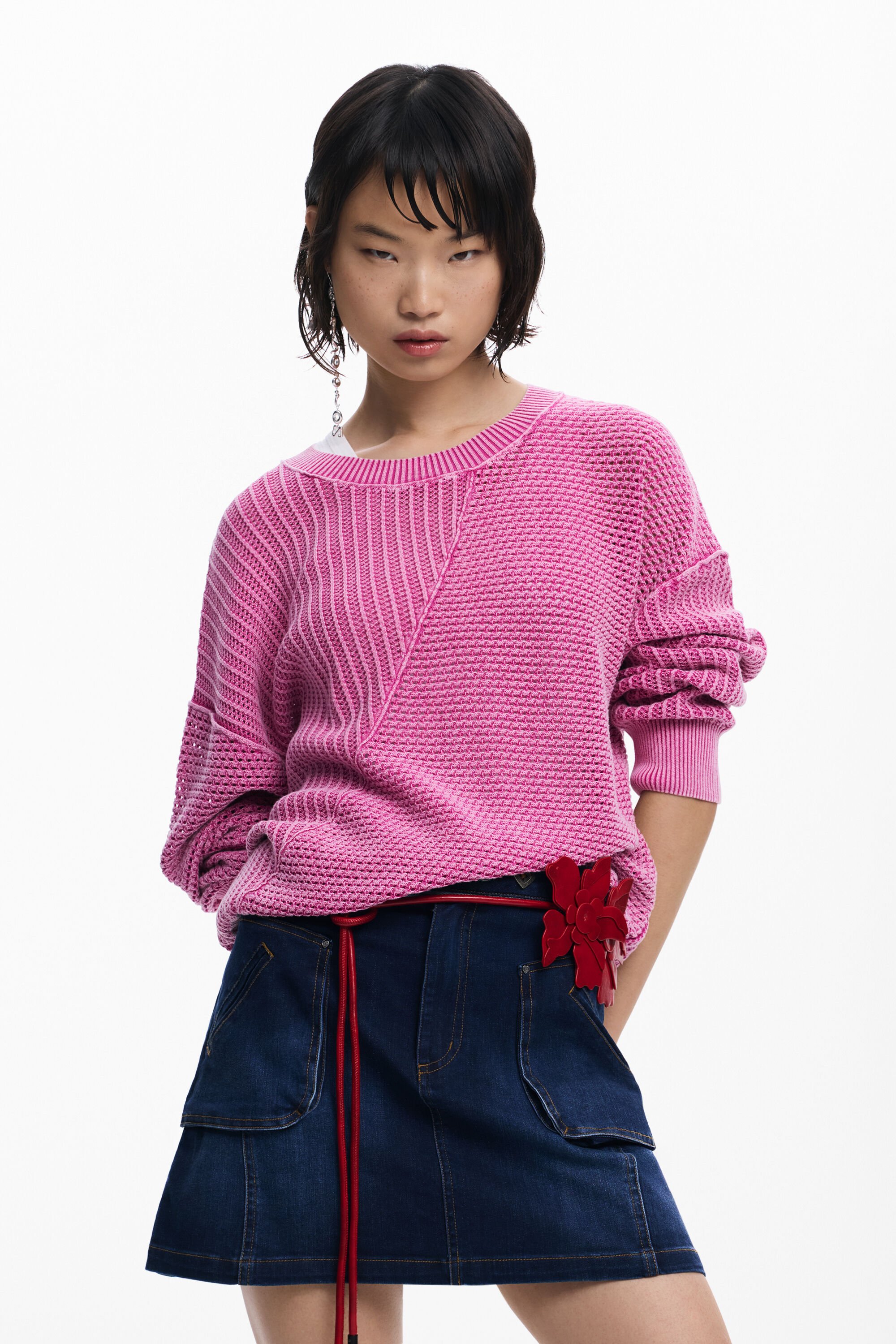 Desigual, Bestickter Strickpullover, Damen, Baumwolle, Rot, M