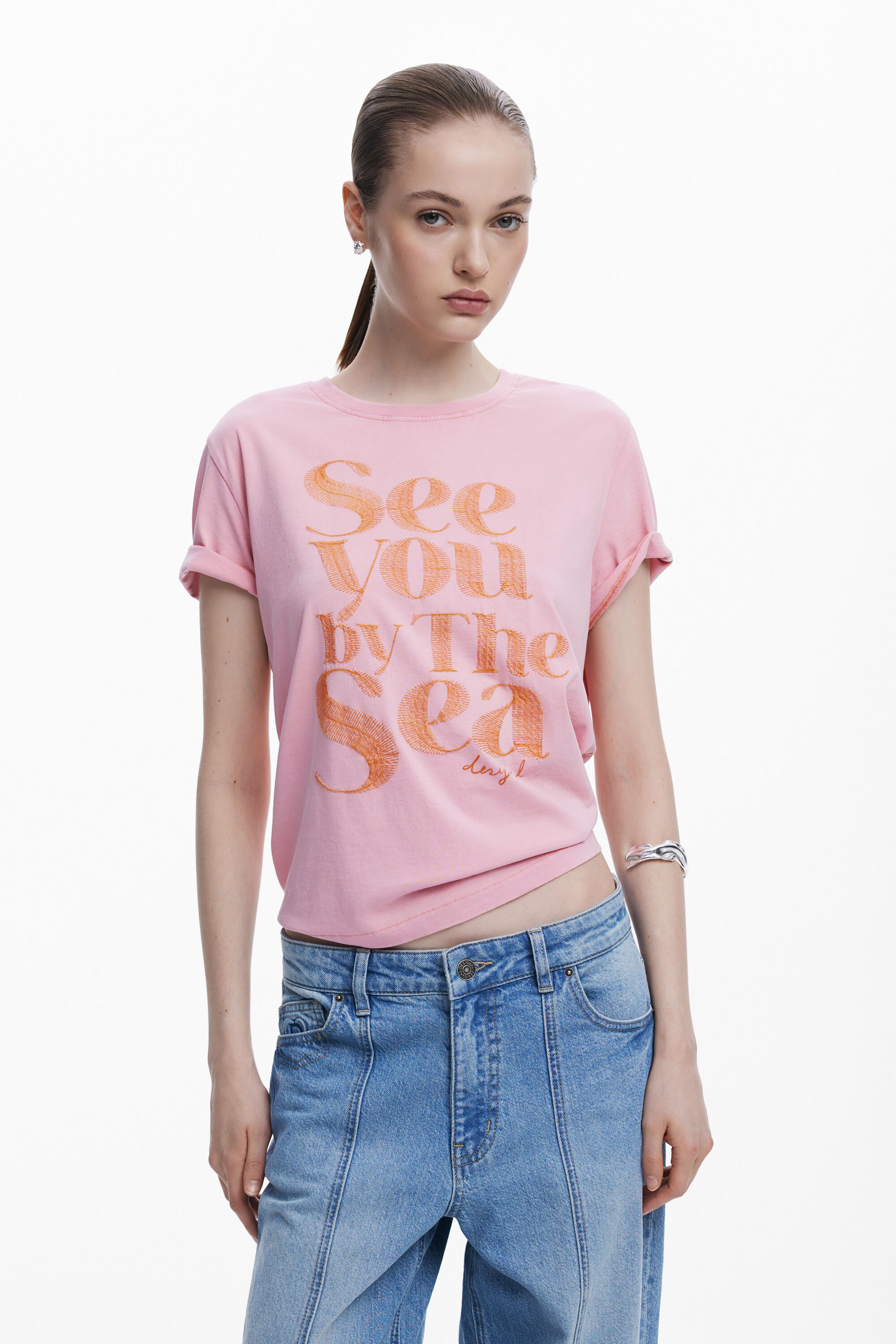 Desigual, Rosa T-Shirt mit Aufdruck, Damen, Baumwolle, Rot, S