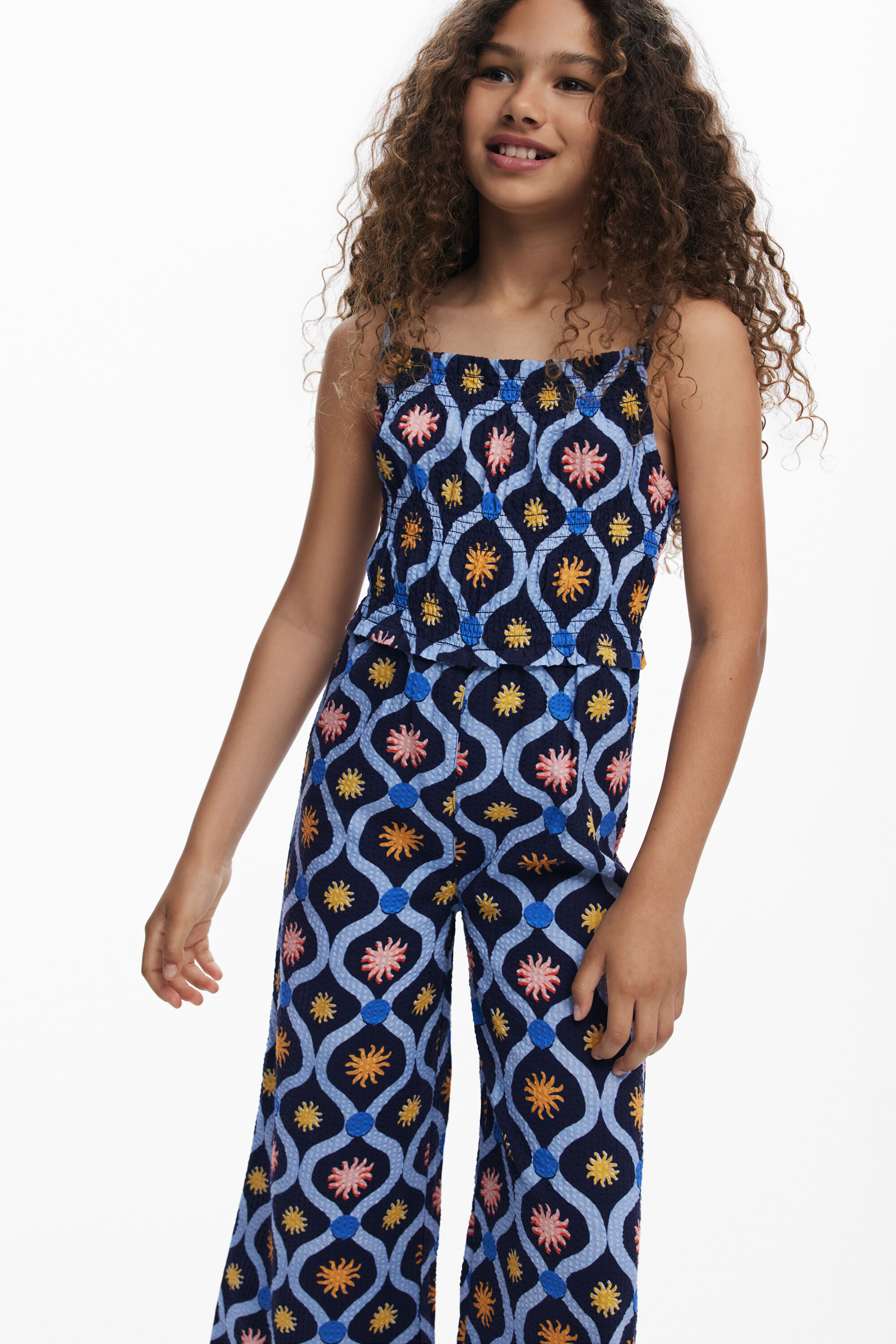 Desigual, Gesmokter Blumen-Jumpsuit, Kinder, Baumwolle, Blau, 13/14