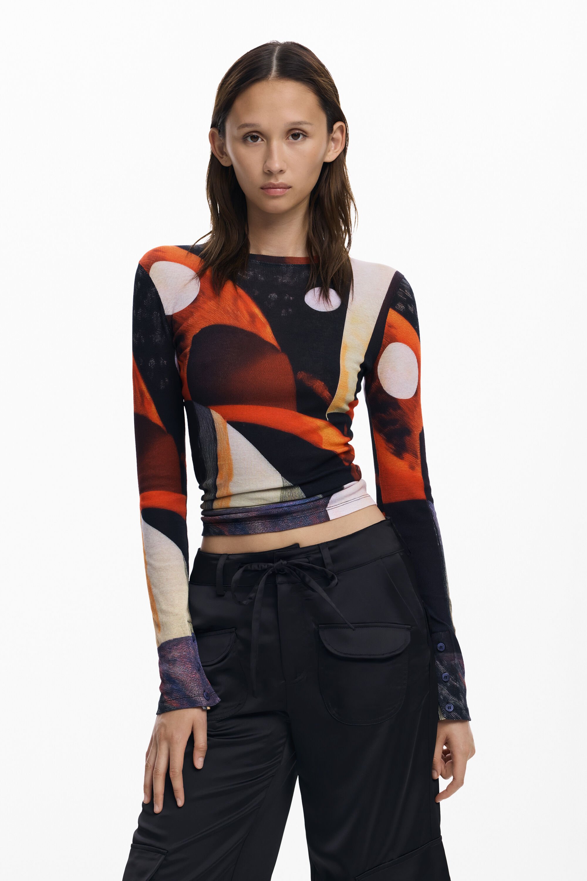 Desigual, Bedrucktes T-Shirt mit Knöpfen, Damen, Baumwolle, Schwarz, S