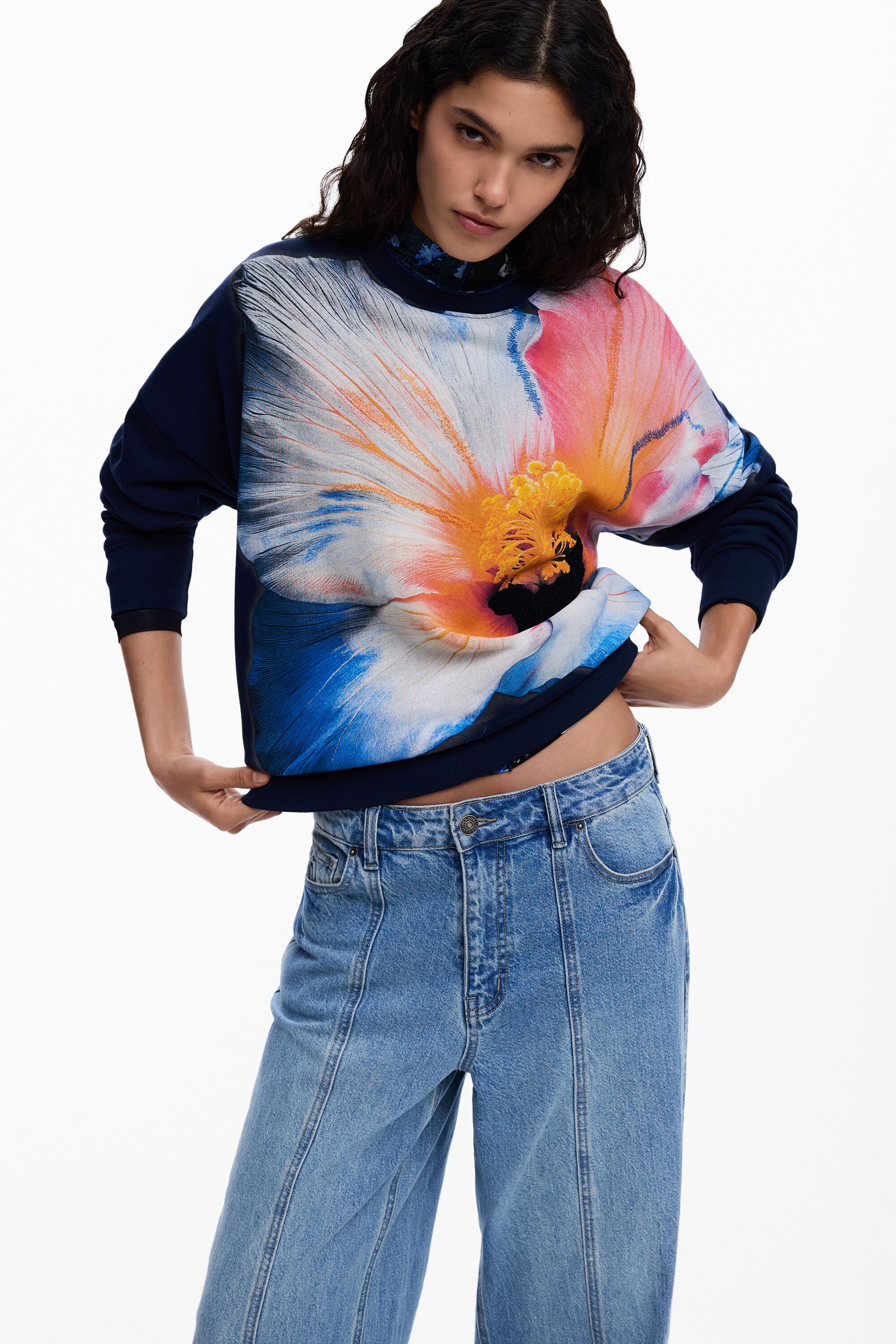 Desigual, Sweatshirt mit großer Blume, Damen, Baumwolle, Rot, XS