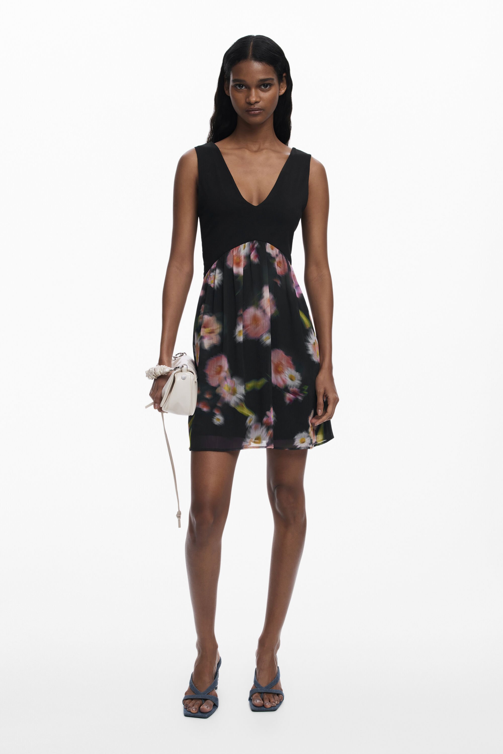 Desigual, Kurzes Kleid aus zwei Materialien mit Blumenmuster, Damen, Schwarz, M