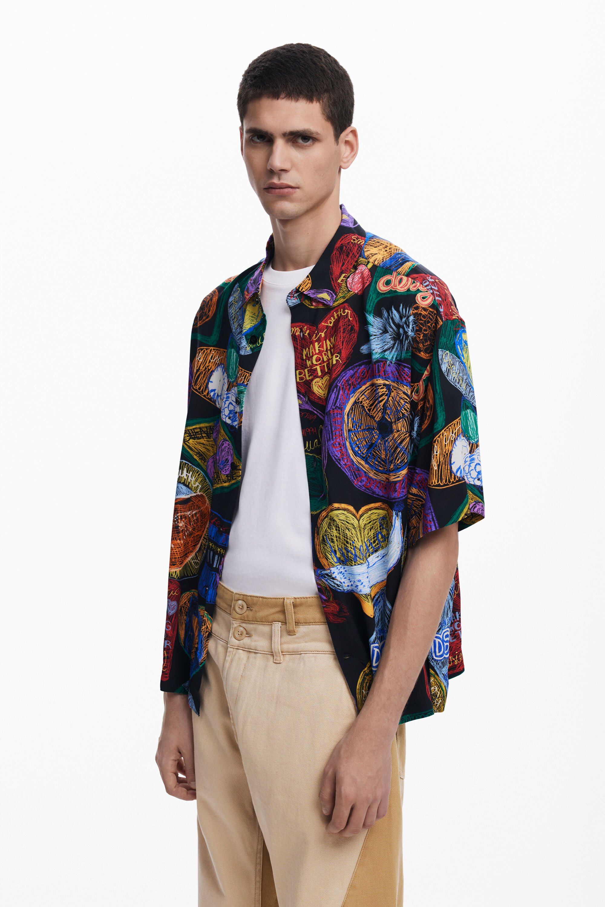Desigual, Kurzarmhemd mit Früchten, Herren, Viskose, Schwarz, L