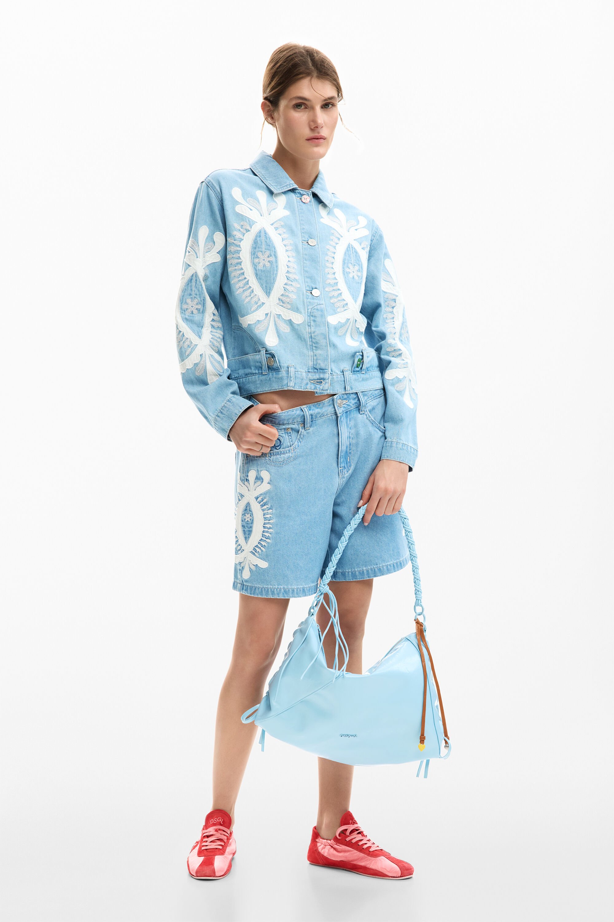 Desigual, Bestickte Jeans-Bermuda, Damen, Baumwolle, Blau, 40