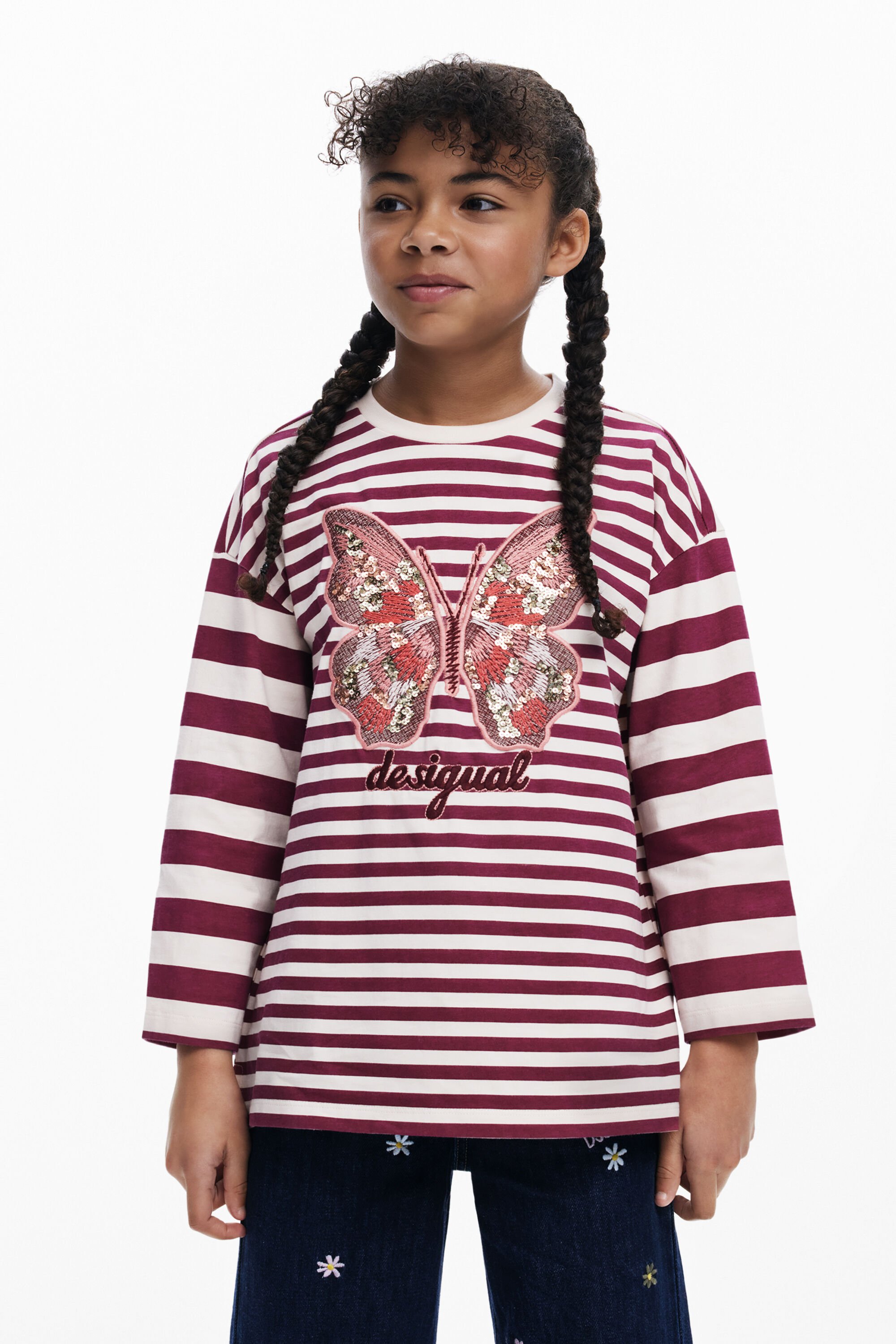 Desigual, Gestreiftes T-Shirt mit Schmetterling und Perlen, Kinder, Baumwolle, Rot, 5/6