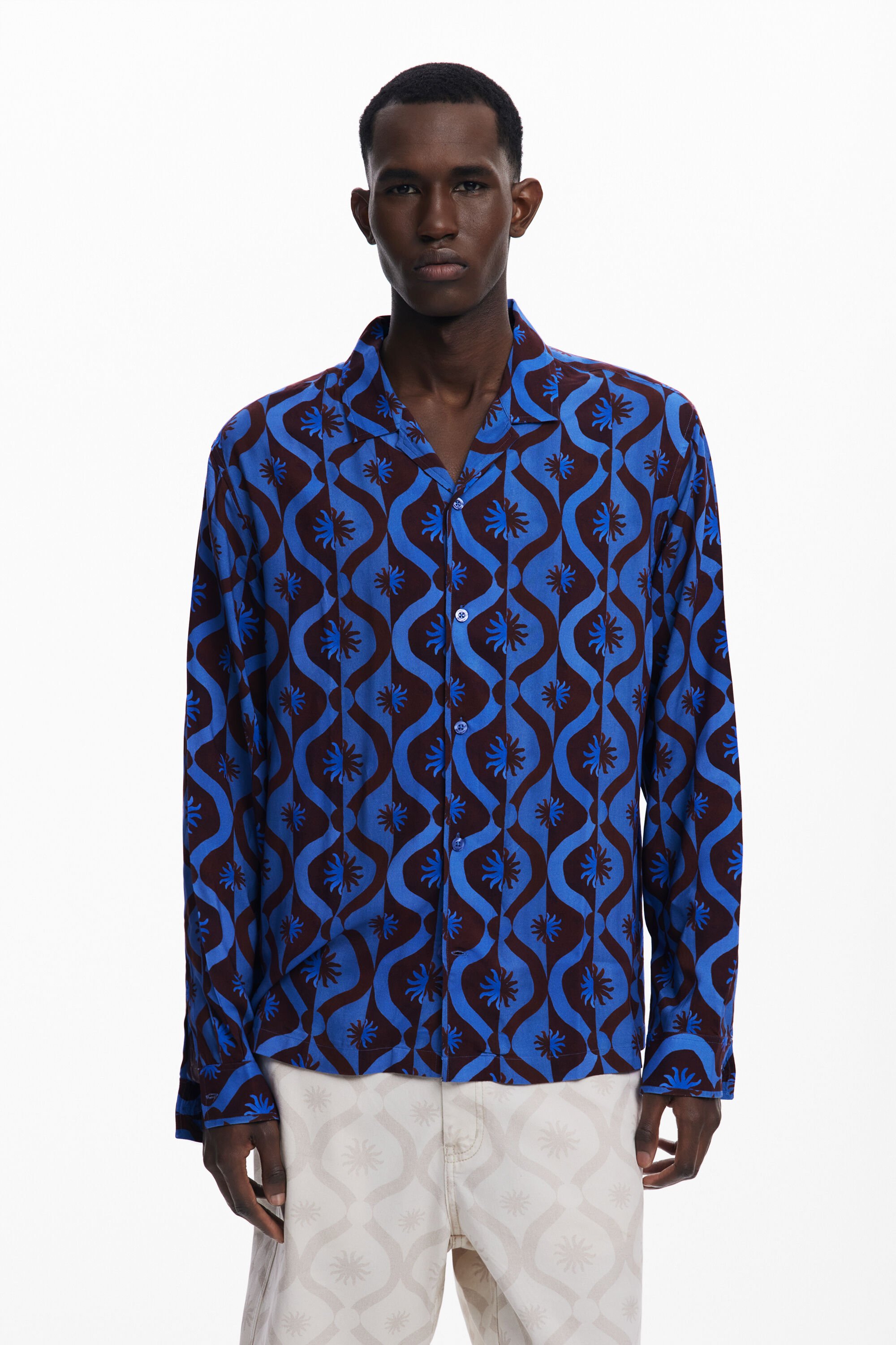Desigual, Langarmhemd mit Sonnenmuster, Herren, Viskose, Blau, S