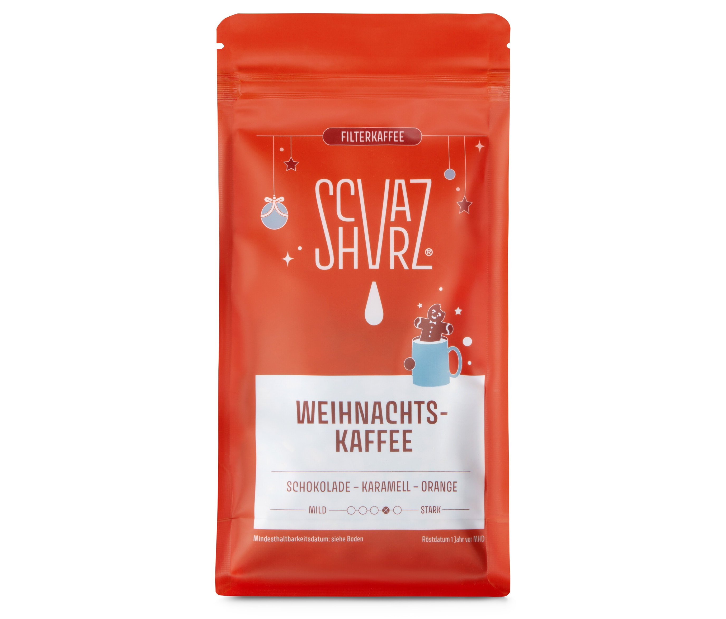 Schvarz - Weihnachtskaffee Filterkaffee - 250 g Ganze Bohne - Intensität: 4/6