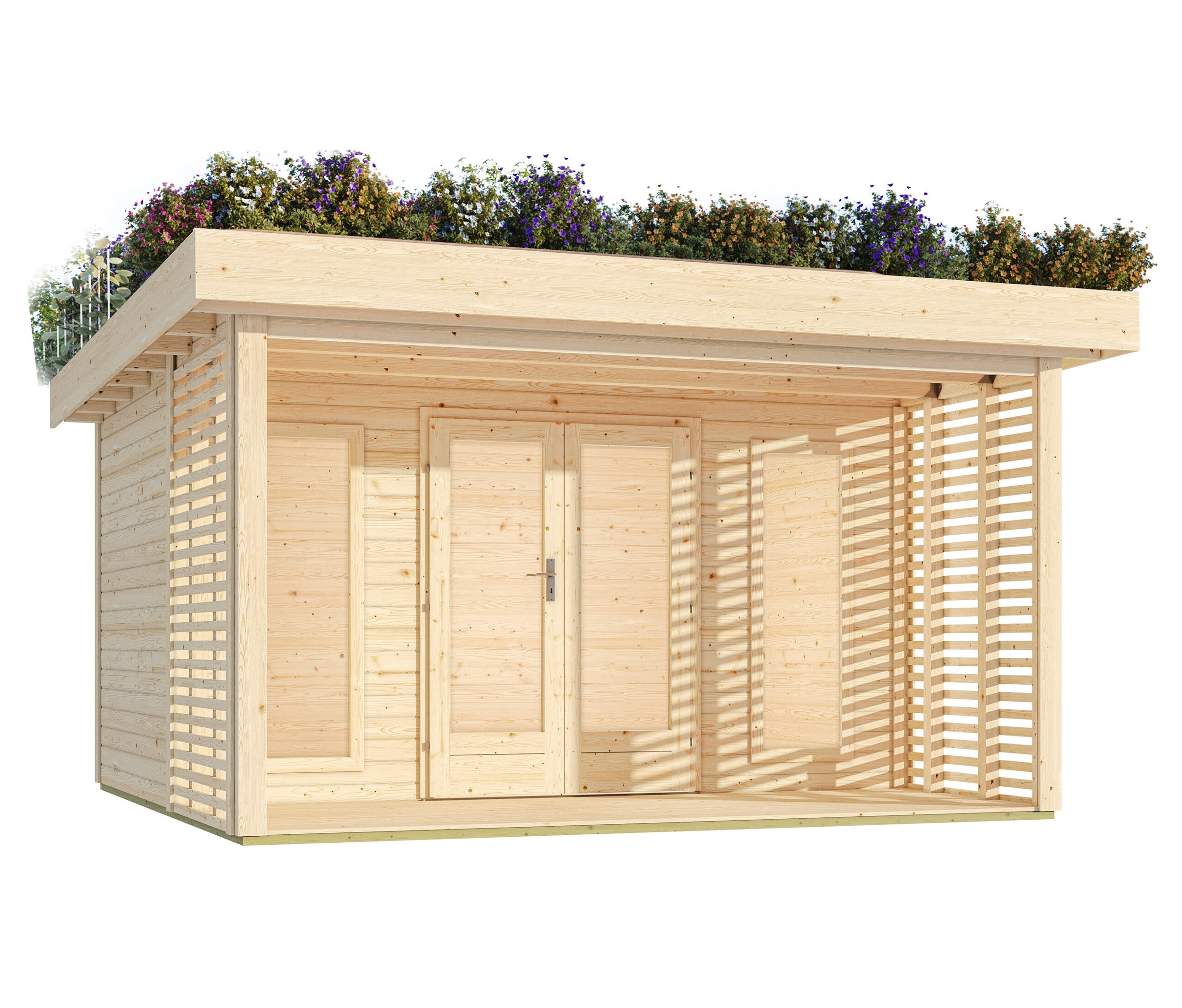Karibu Gartenhaus mit Dachbegrünungspaket »Hanami« - 369,5x369,5x238cm - naturfarben - Fichtenholz