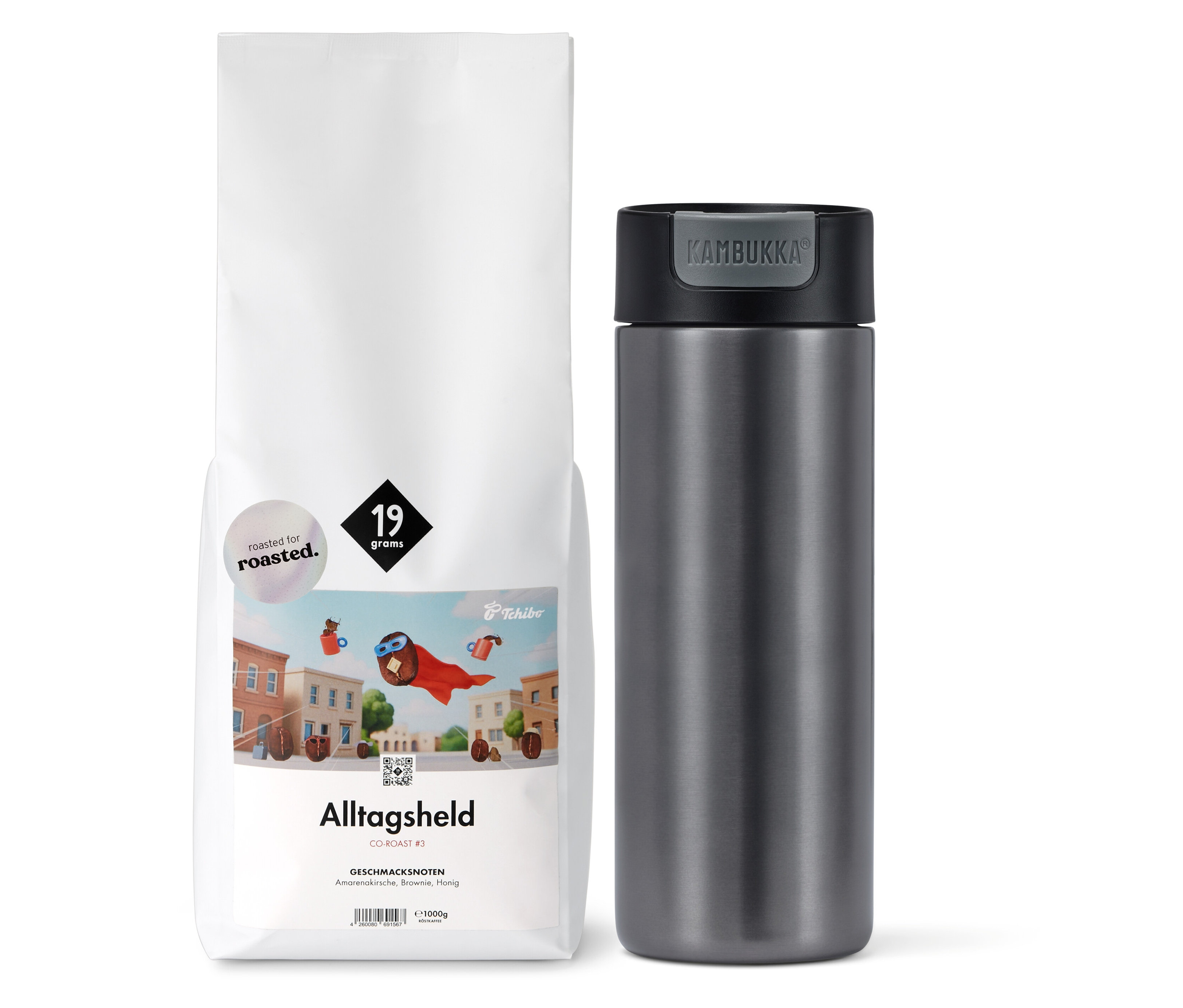 Kaffee-Geschenkset „Alltagsheld to go„ – 1x 1kg Omni-Roast Ganze Bohne und Kambukka Becher