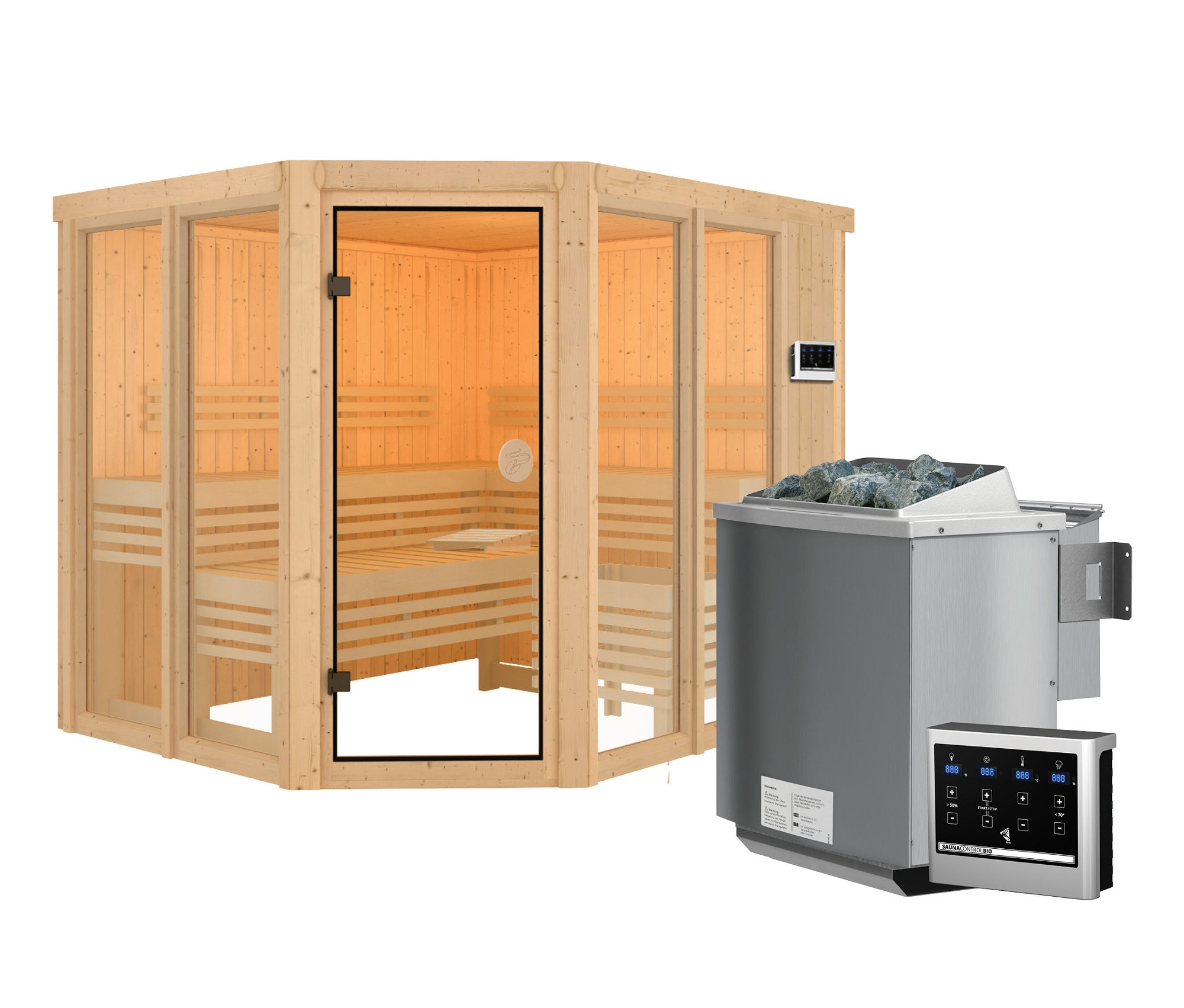 Karibu Sauna »Scarlett 3« im Set mit 9-kW-Bio-Ofen und Bio-Steuerung - naturfarben